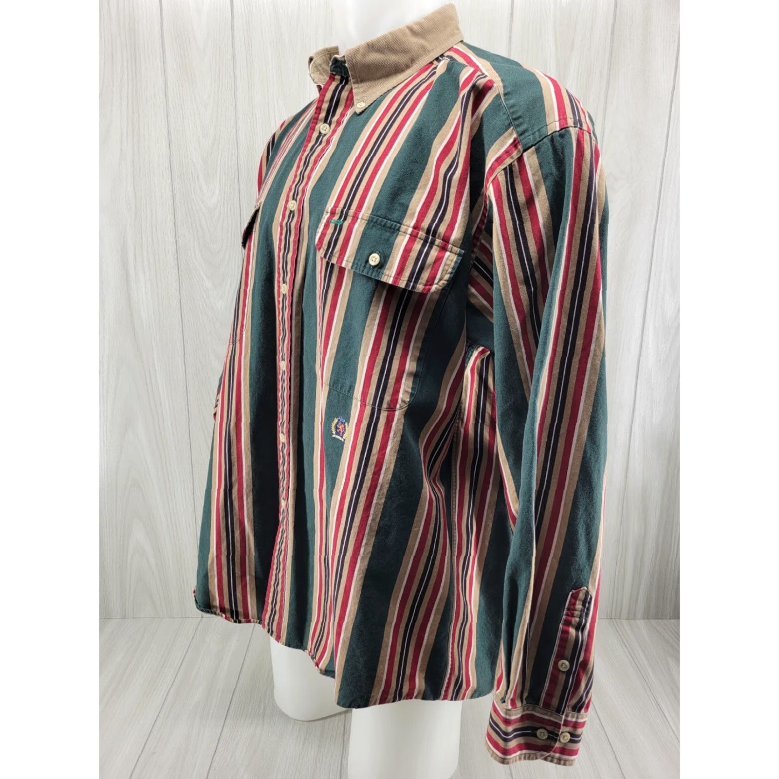 Tommy Hilfiger VINTAGE Tommy Hilfiger Mens Striped Button-Up Shirt XL 90s Crest Logo Cotton Green Shirt Button-Front Mens Regular Size US XL / EU 56 / 4 - 2 Thumbnail