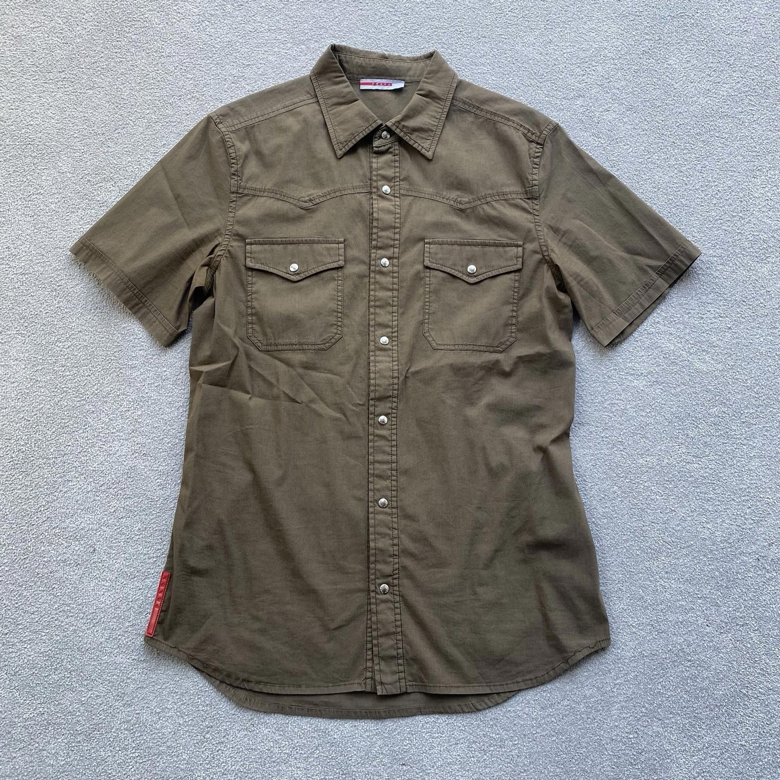 Prada Red Tab Short Sleeve Button Up Shirt Khaki Medium