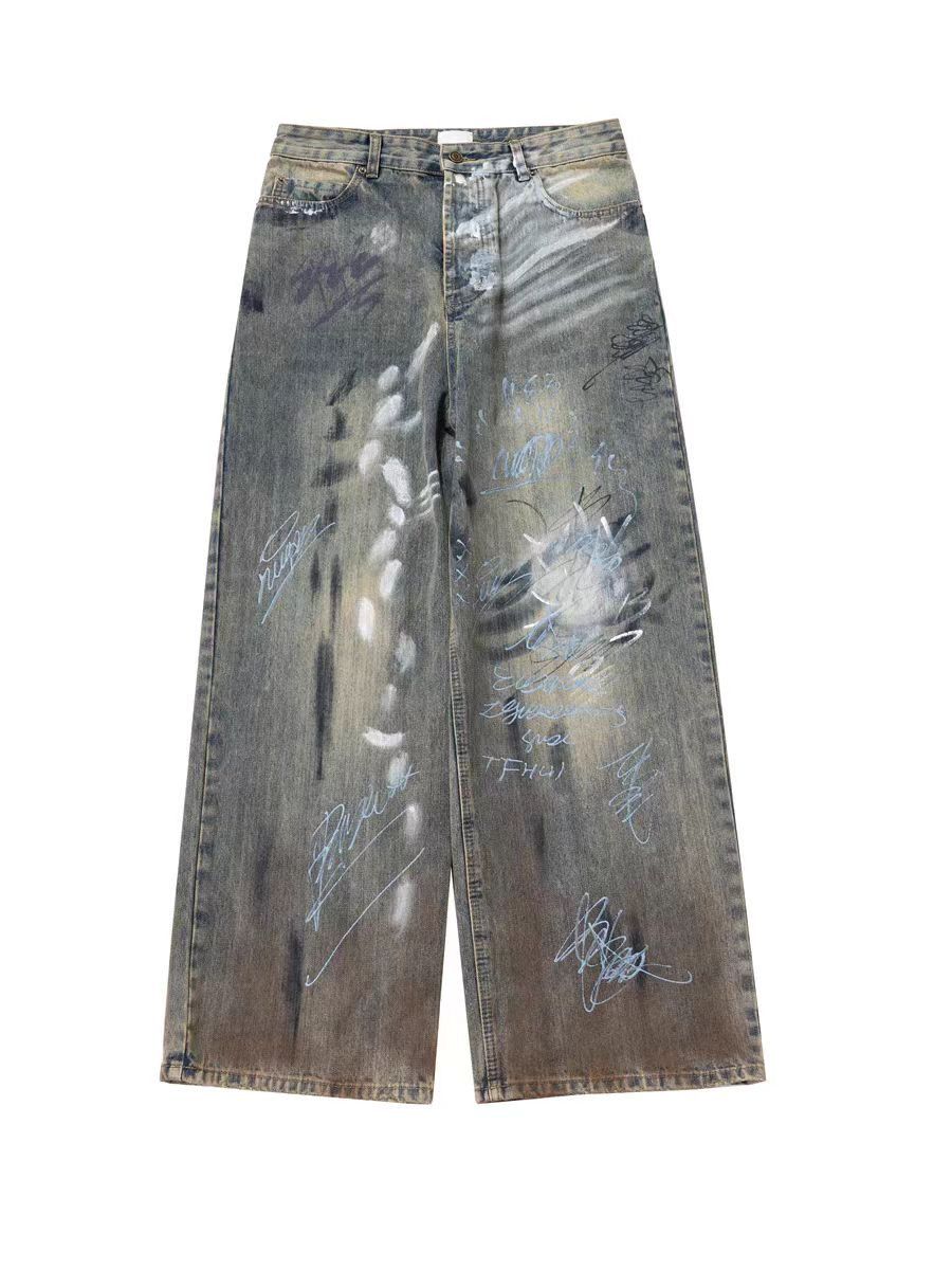 image of Street Graffiti Hand-Painted Distressed Washed Baggy Jeans in Blue, Men's (Size 30)