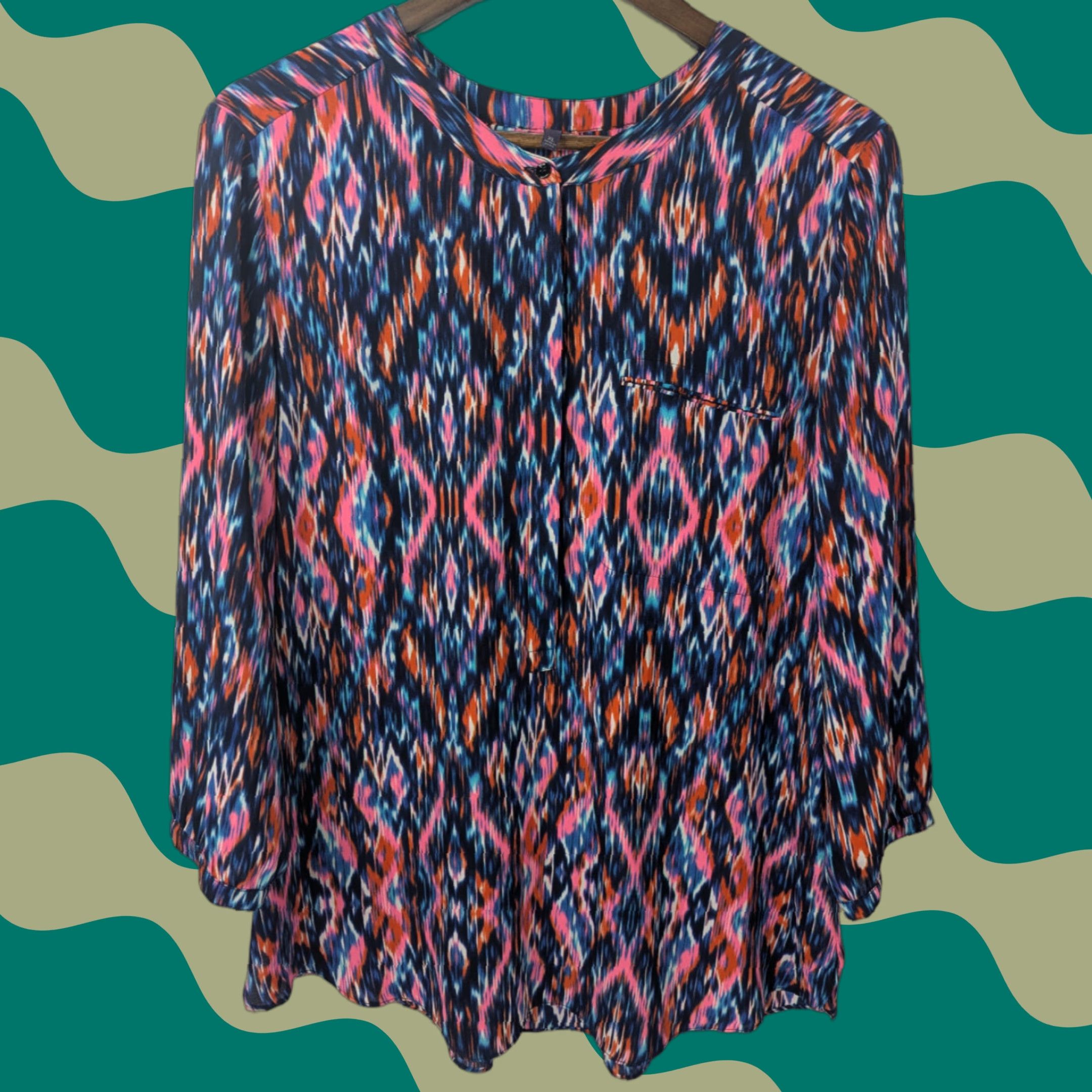 NYDJ VINTAGE? (No) NYDJ Blouse XL Ikat Artsy Abstract Pleated Back 3/4 Sleeve Popover Top Tunic Size XL / US 12-14 / IT 48-50 - 1 Thumbnail