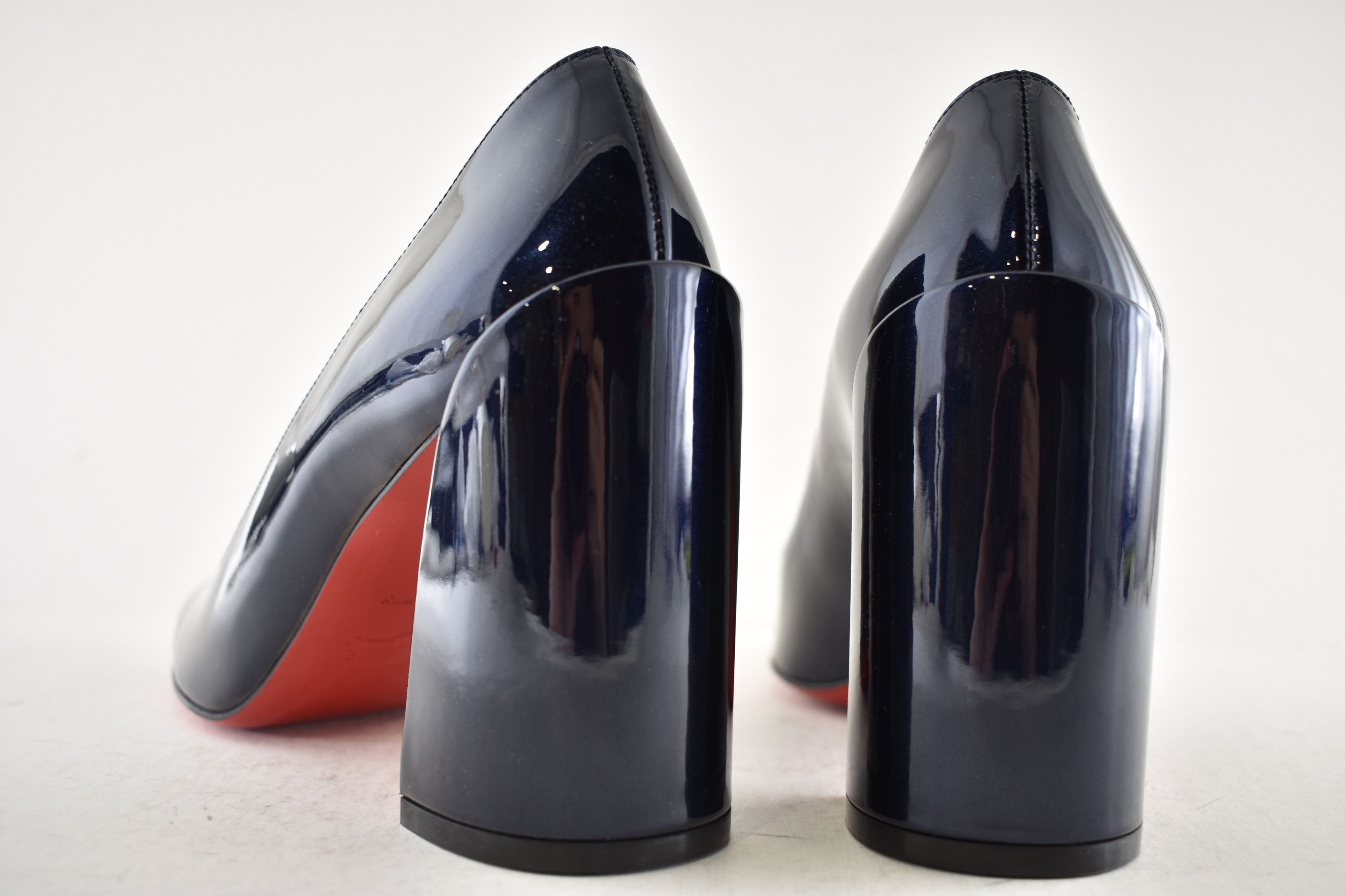 Christian Louboutin Miss Sab 85 Zaffiro Navy Blue Patent Block Heel Pump 37 Size US 7 / IT 37 - 17 Thumbnail