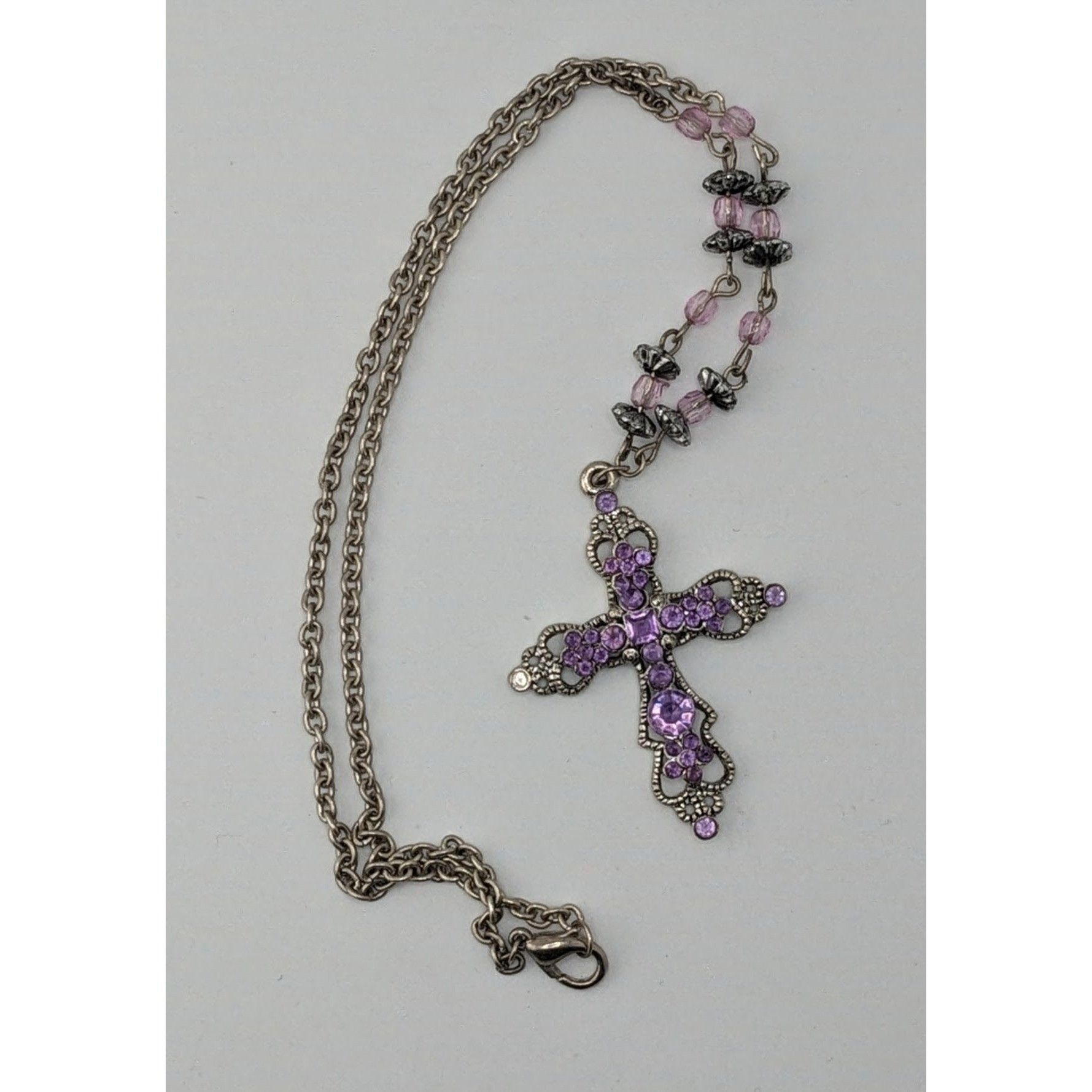 Other Pastel Goth Purple Rhinestone Cross Necklace With Beaded Cha Size ONE SIZE - 6 Thumbnail