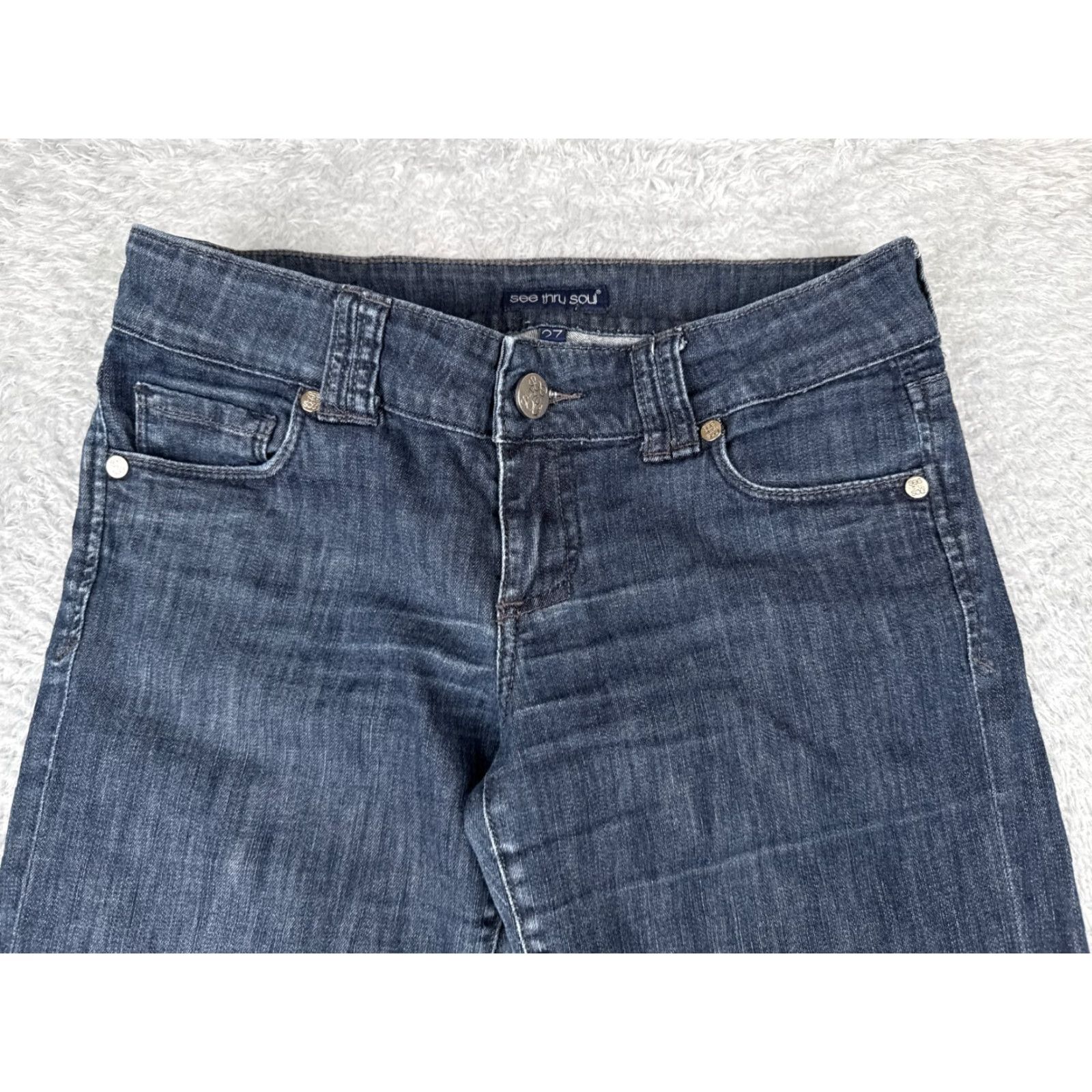 Vintage See Thru Soul Jeans Womens 27 Blue Denim Flared Low Rise 28x31 Size 27" / US 4 / IT 40 - 4 Thumbnail