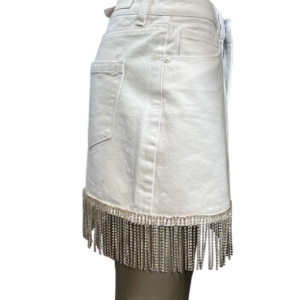 BLANKNYC Blank NYC Rhinestones Fringe Mini White Denim Skirt NWT 26 Size 26" / US 2 / IT 38 - 4 Thumbnail