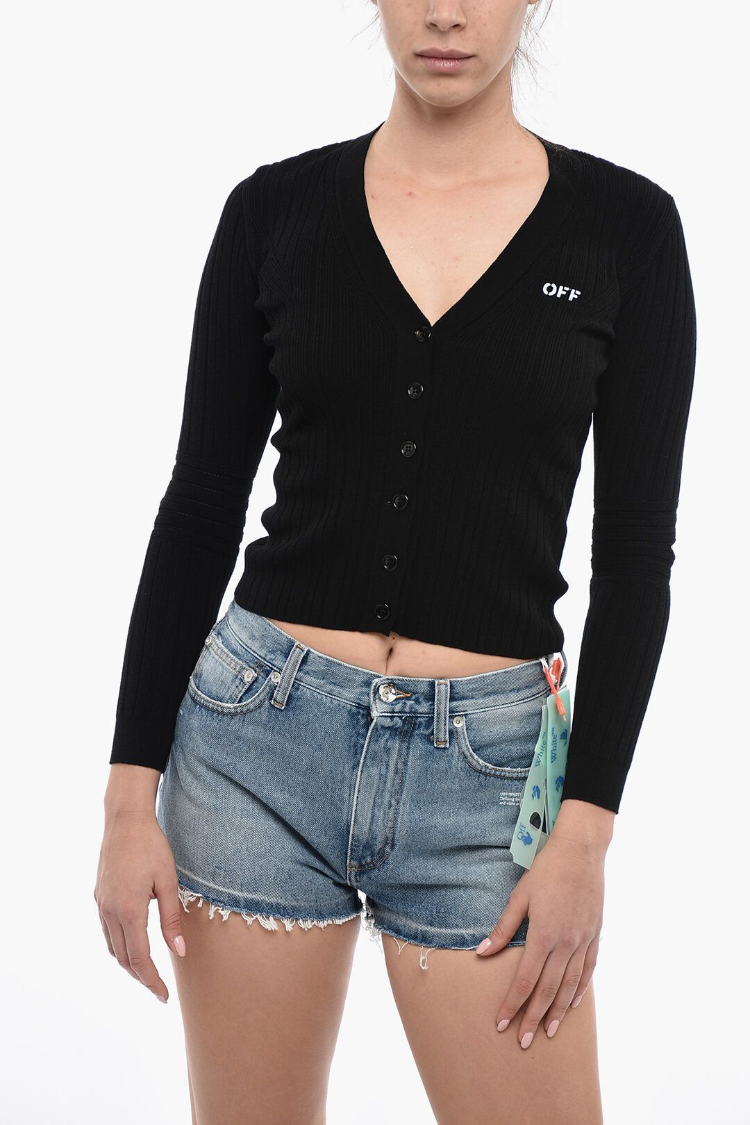 image of Off White Og1Mm0524 Ribbed Stamp Cardigan In Black, Women's (Size Medium)