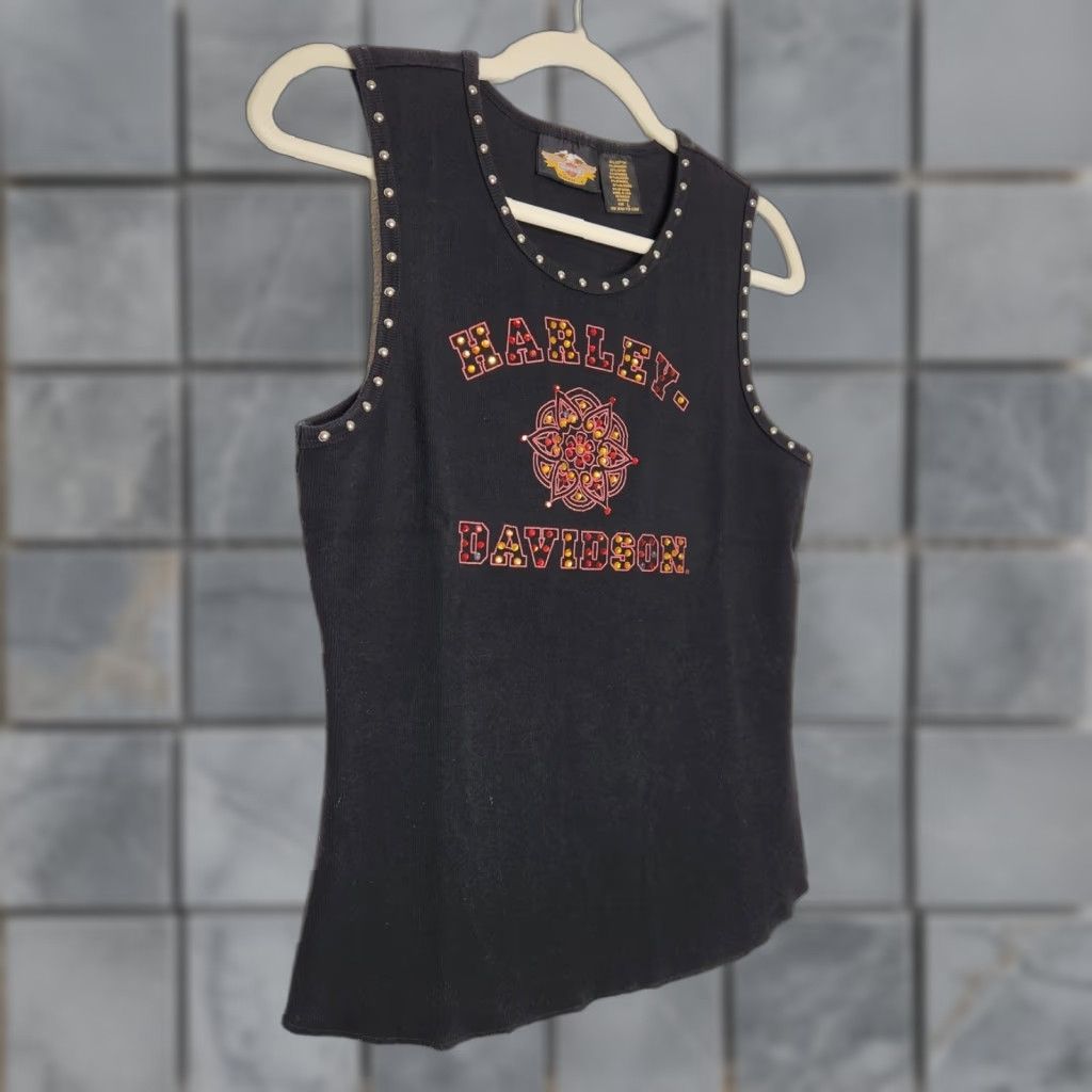 Harley Davidson VINTAGE Harley Davidson Tank Top Beaded Gem Studded McBling Black L Women Size L / US 10 / IT 46 - 1 Thumbnail