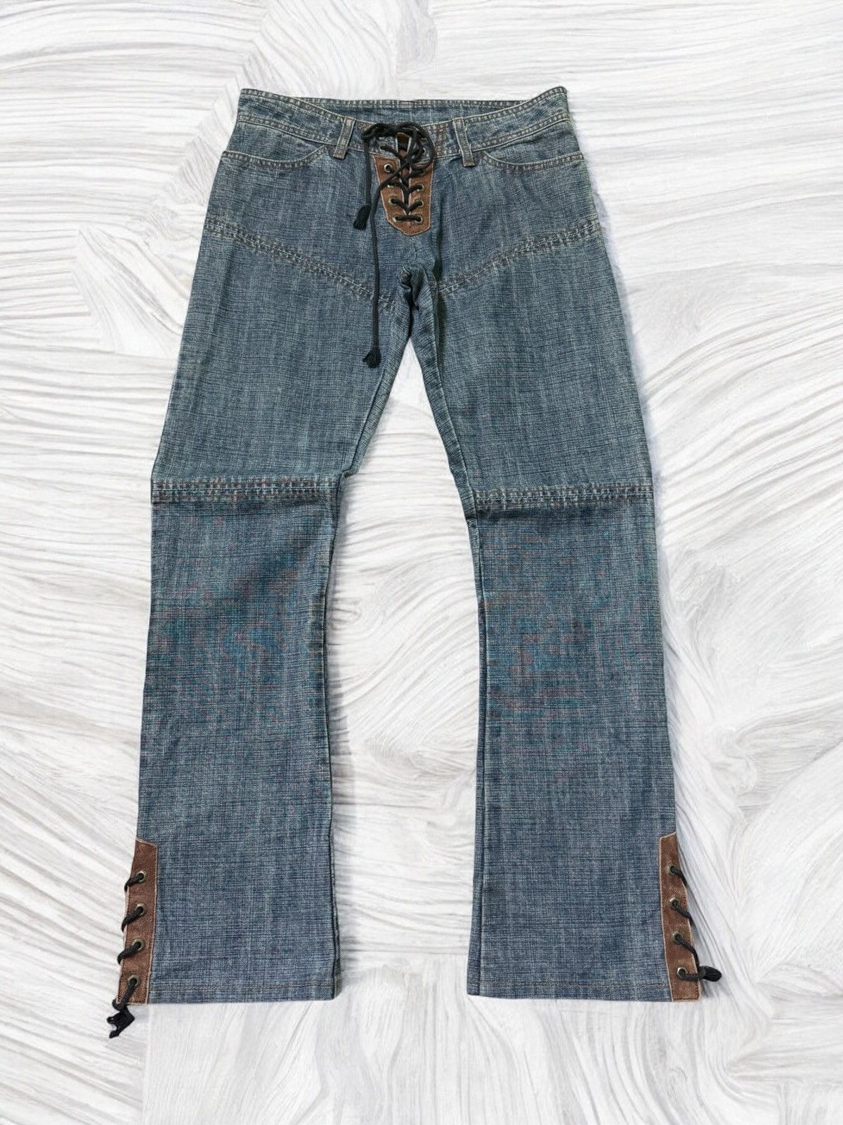 Japanese Brand Flare CHIKAKO ROEN Leather Double Laced Low Rise Denim jeans Size US 29 - 1 Thumbnail