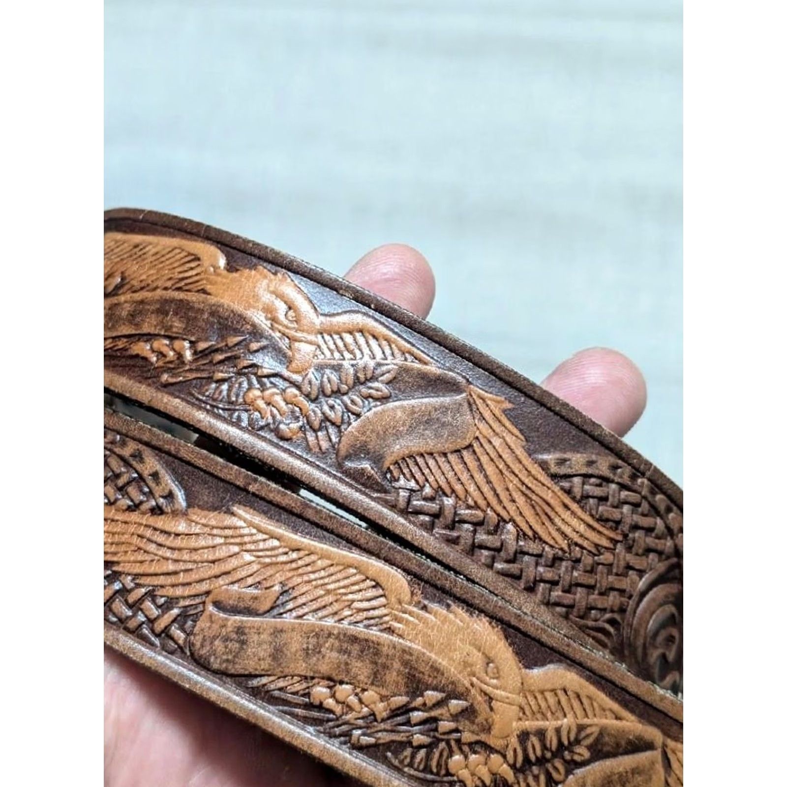 Vintage VINTAGE handcrafted western belt Tooled cowhide leather 40 America cowboy buckle snaps Harley brown Mens Belt 1-3/8" Western 40 Size 40 - 2 Thumbnail