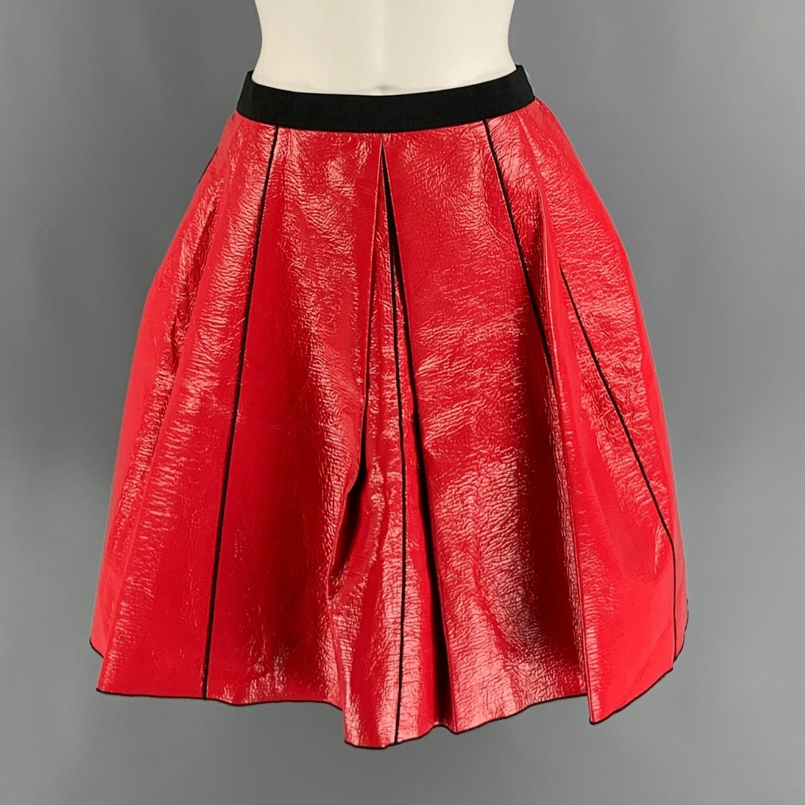 Size 2 Red Black Coated Cotton Solid A-Line Skirt