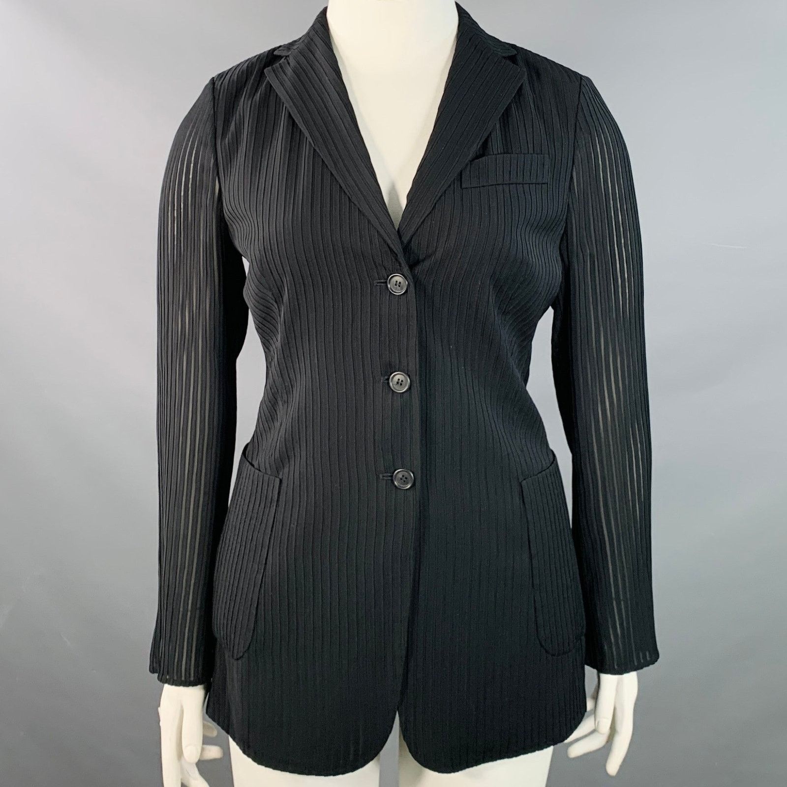 Akris AKRIS Black Polyester Textured Stripe Notch Lapel Blazer Size L / US 10 / IT 46 - 1 Thumbnail