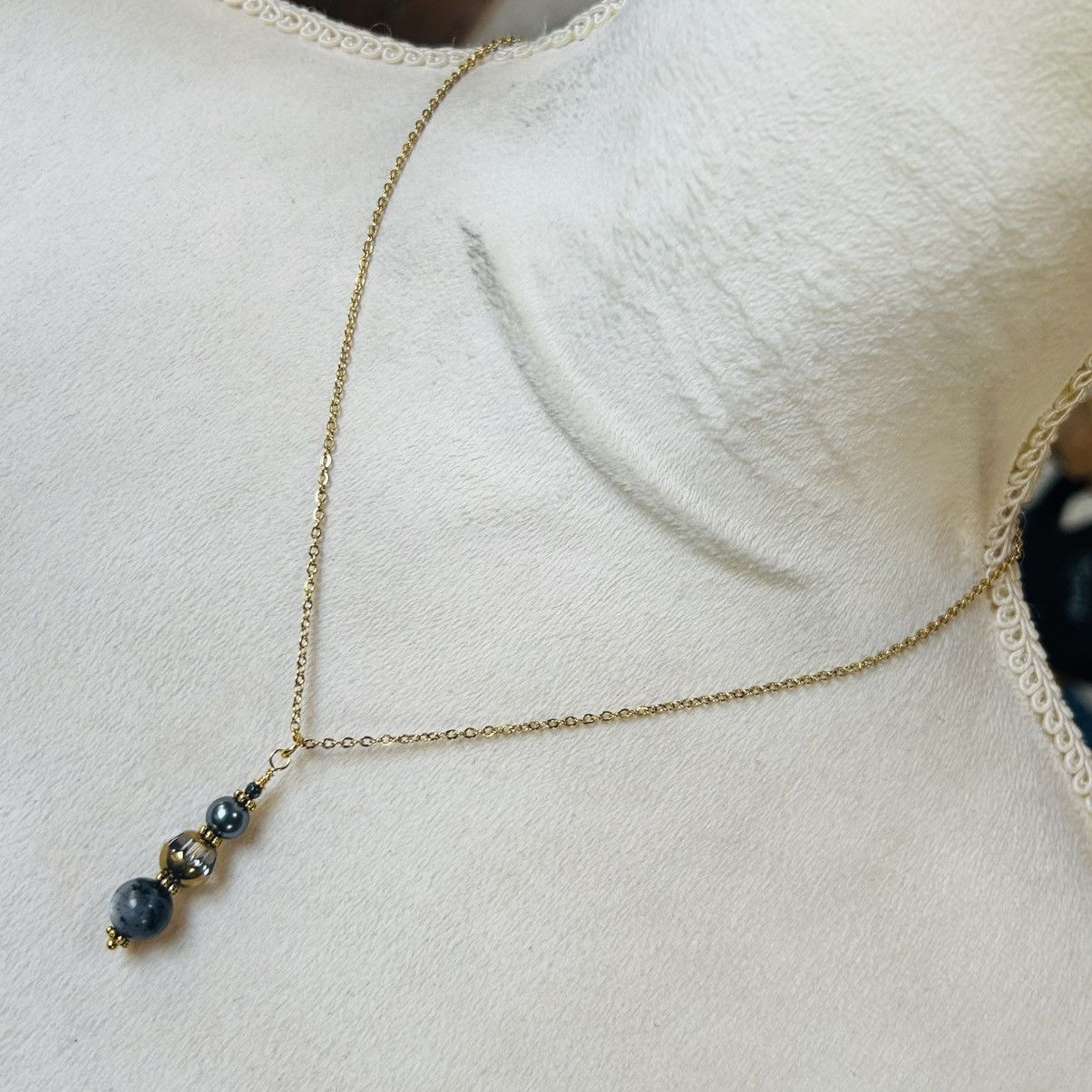Handmade Handcrafted di-cut art glass larvikite pearl necklace set Size ONE SIZE - 4 Thumbnail