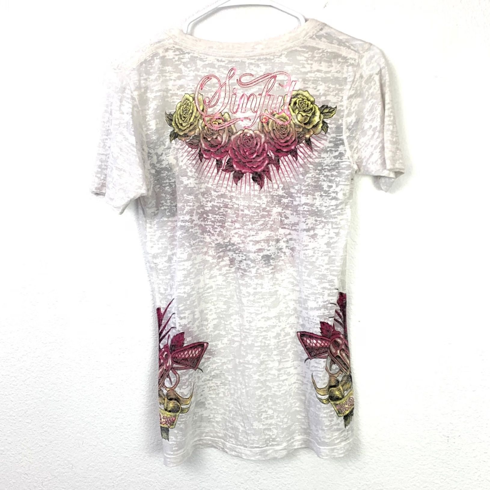Affliction Sinful Y2K Womens Shirt M Burnout Roses Birds Graphic Grunge White Cotton Blend Size M / US 6-8 / IT 42-44 - 7 Thumbnail