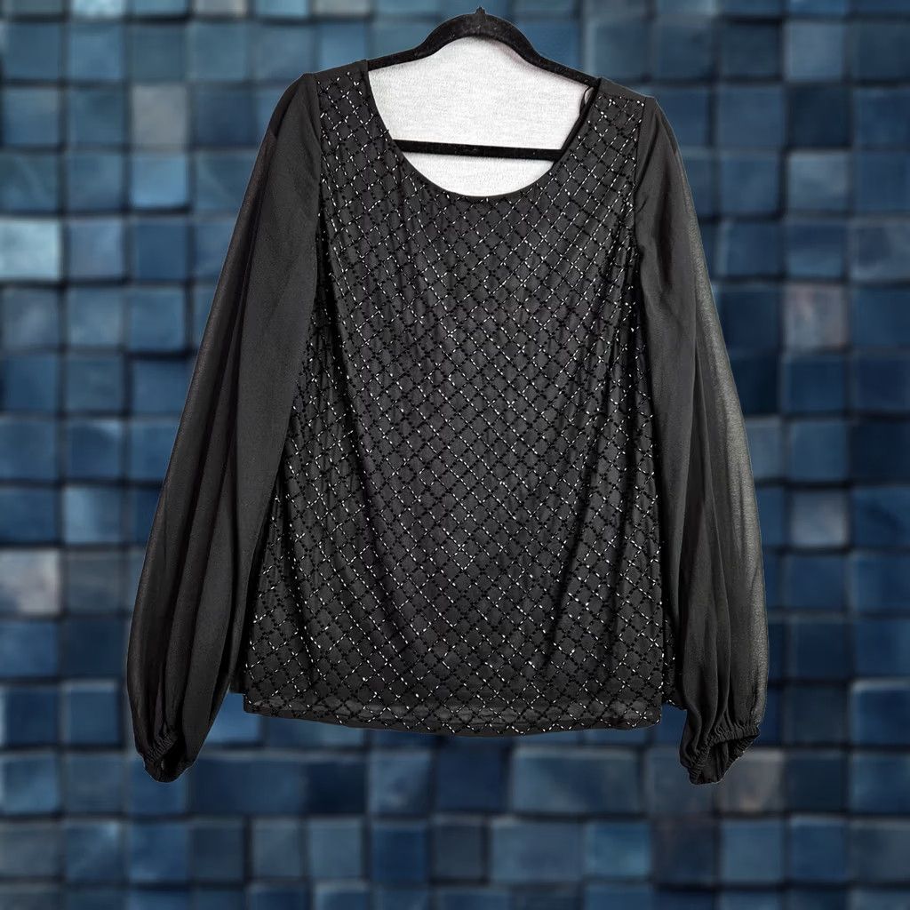 Vintage JS Collection Women Beaded Sheer Sleeve Blouse Black Evening Top Size 14 Shirt Top Size XL / US 12-14 / IT 48-50 - 1 Thumbnail