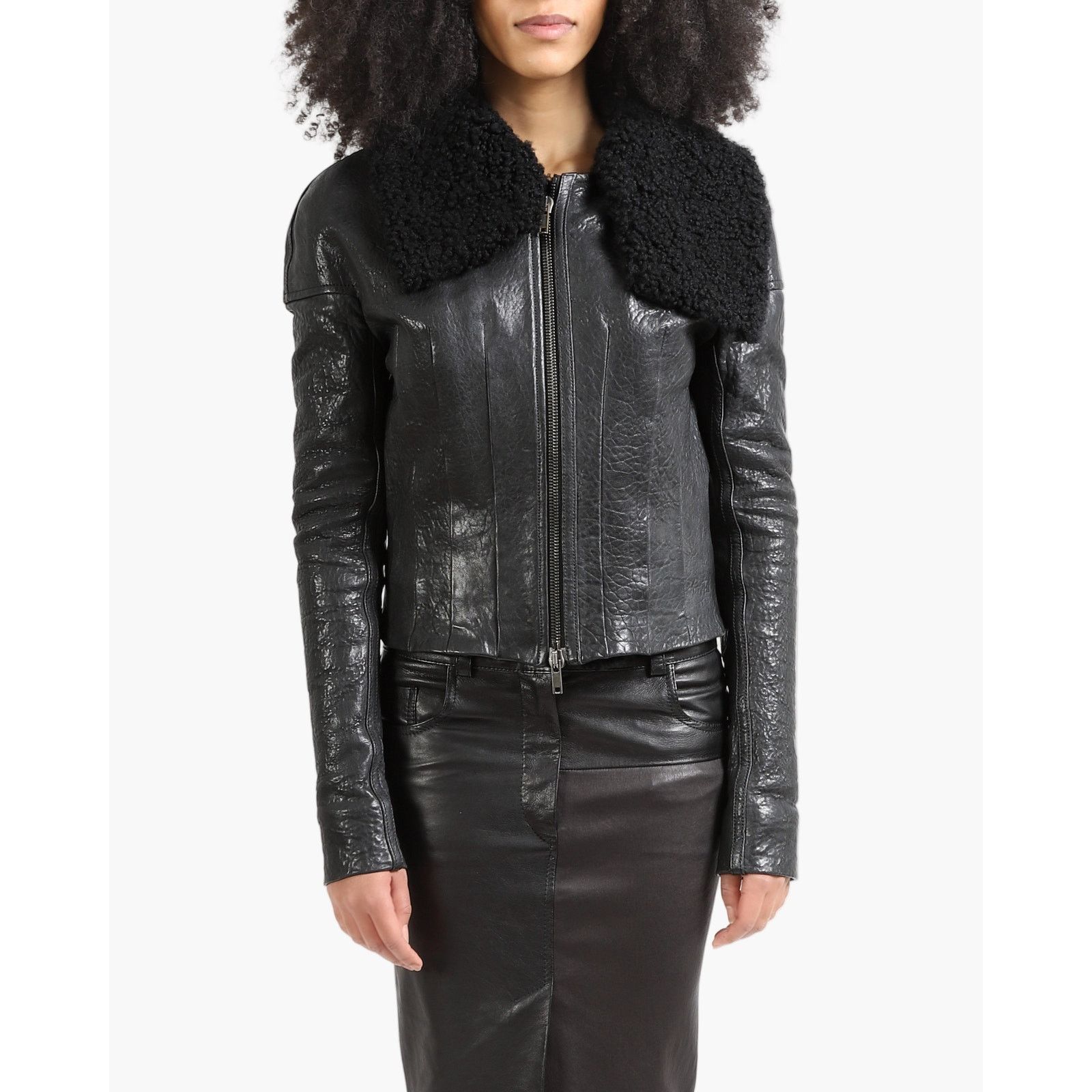 Haider Ackermann FW13 Tailored Waist Shearling Jacket in Black Leather Size XS / US 0-2 / IT 36-38 - 1 Thumbnail