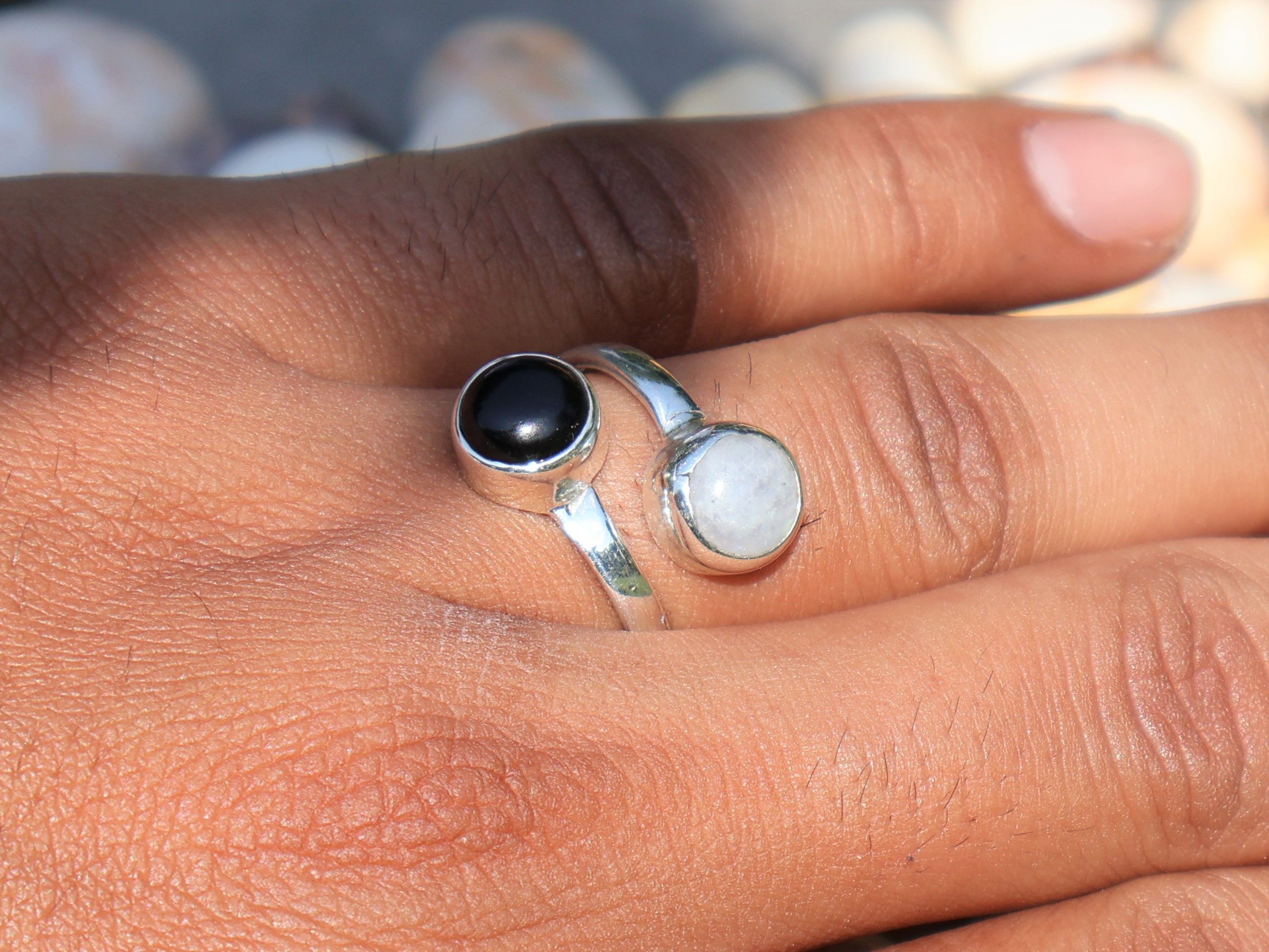 Handmade Rainbow Moonstone Ring, Black Onyx Ring, Handmade Women Ring Size ONE SIZE - 8 Thumbnail