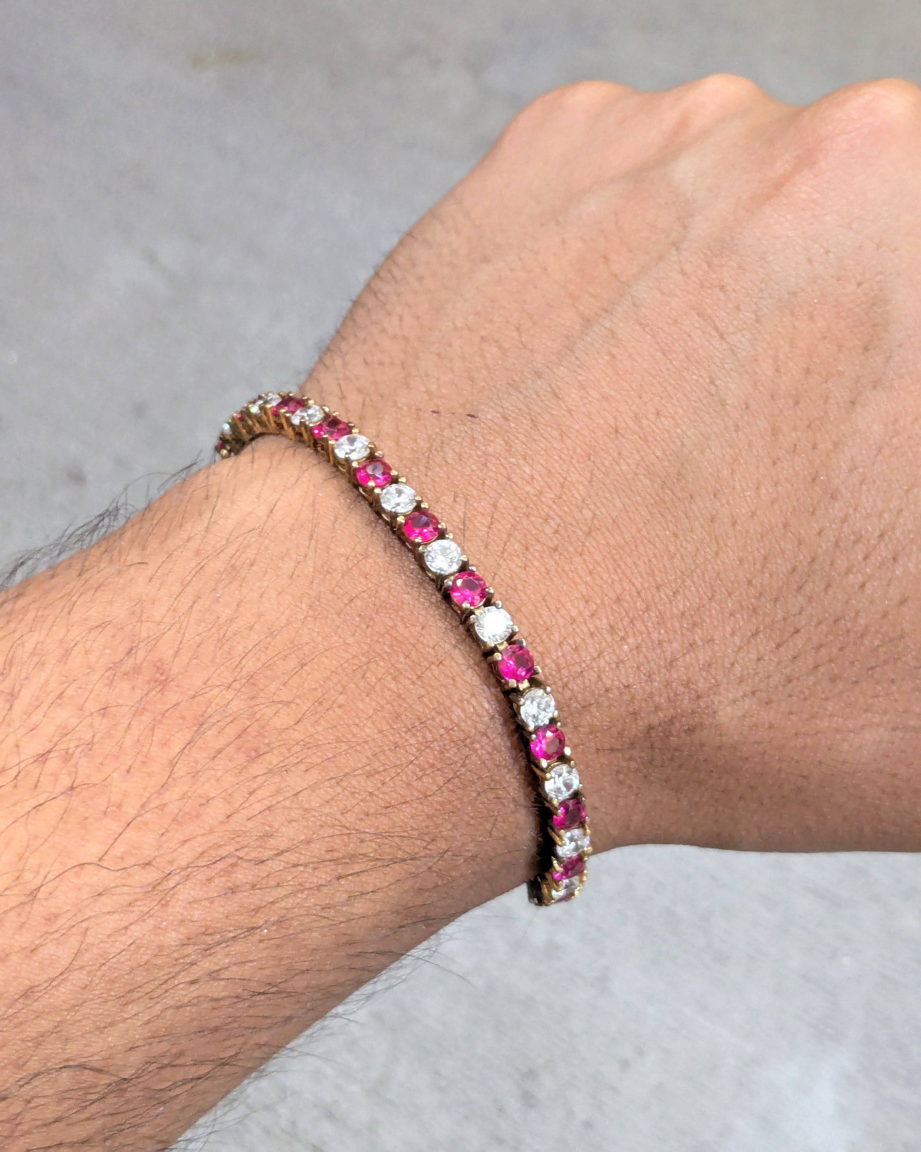 Jewelry Vintage Sterling Silver Bracelet 7.5" Red Ruby CZ Round Gold Size ONE SIZE - 11 Thumbnail