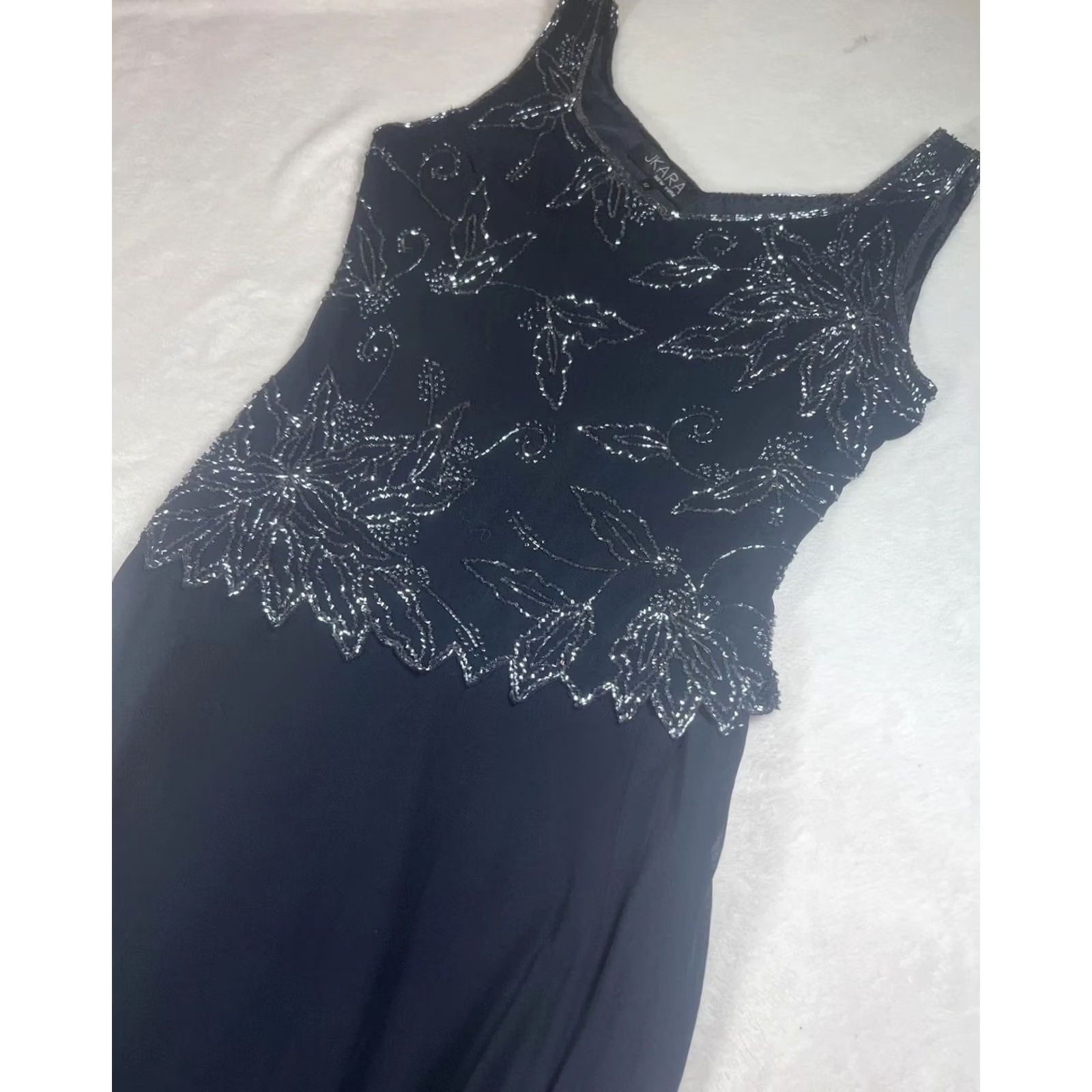 JKara Dress Womens 12 Blue Beaded Floral Chiffon Maxi Evening Formal Gown