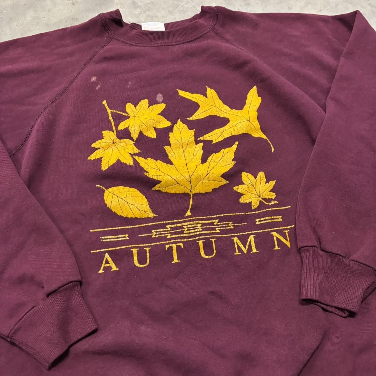 Japanese Brand × Vintage Crazy Vintage 90s Burgundy Autumn Fall Leaves Crewneck! Size US XL / EU 56 / 4 - 4 Thumbnail