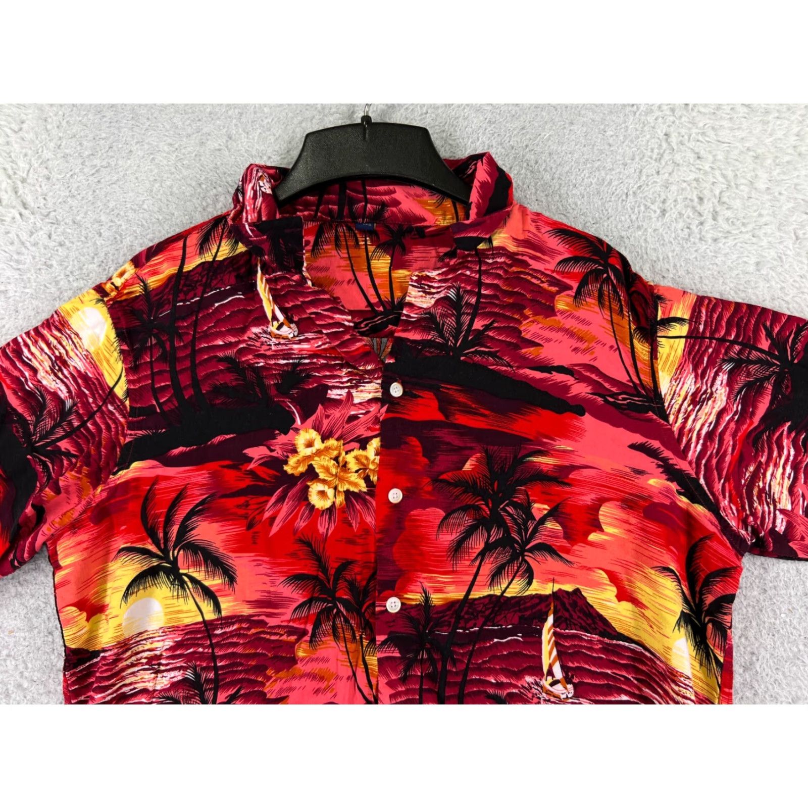 Vintage Design In Italy Shirt Adult Large Red Orange Hawaiian Island Sunset Palm Print Shirt Men Regular Red Hawaiian Floral Short Sleeve Button-Up 70s? Size US L / EU 52-54 / 3 - 4 Thumbnail