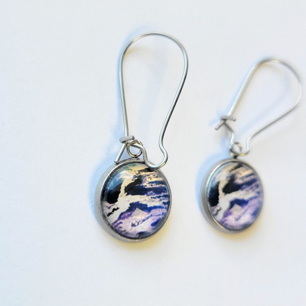 Handmade Blue and White Round abstract Latch Back Drop Earrings Size ONE SIZE - 2 Thumbnail