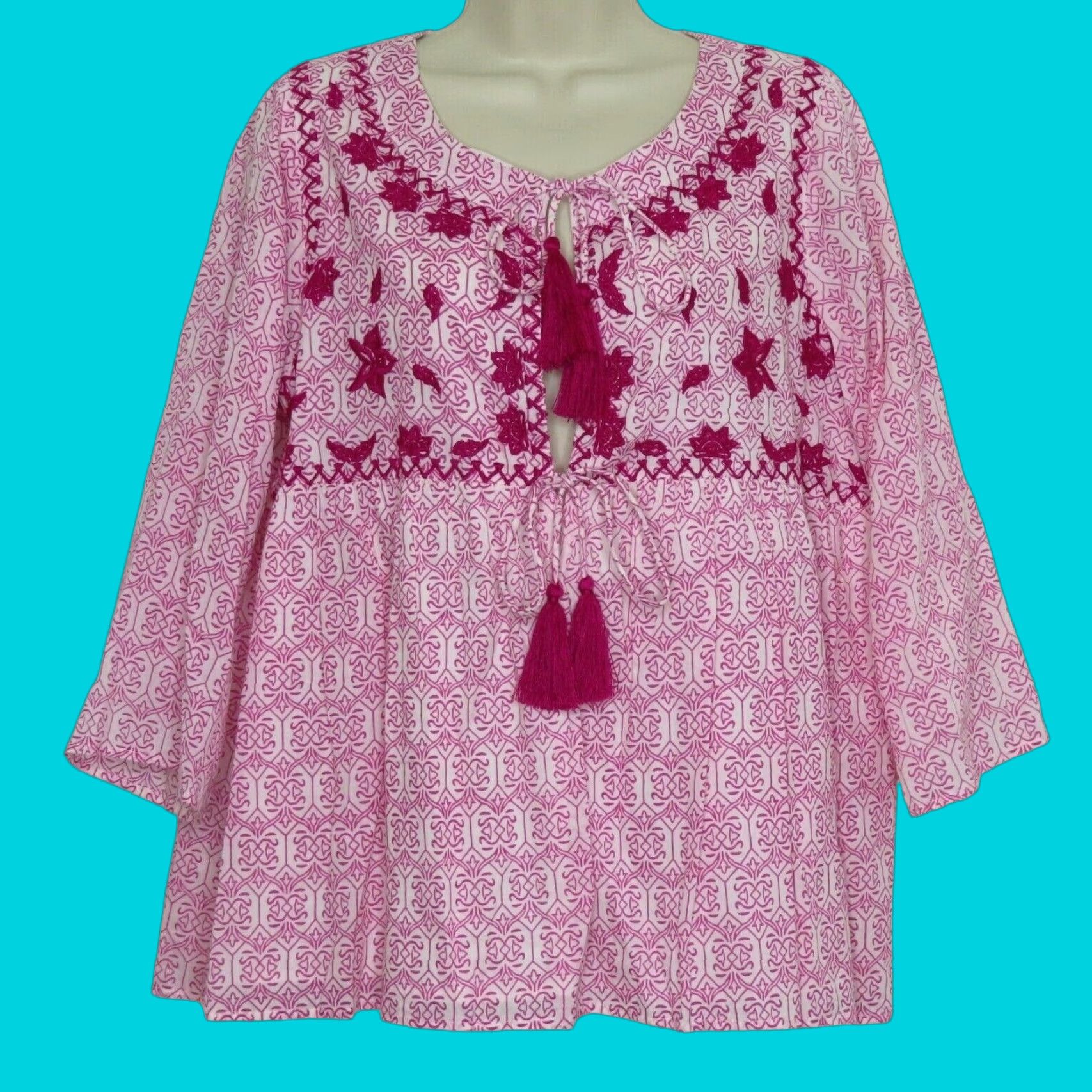 Pinko Hazel Women Large Pink Embroidered Keyhole Blouse Tassels Shirt Top Tunic Blouse Size L / US 10 / IT 46 - 1 Thumbnail