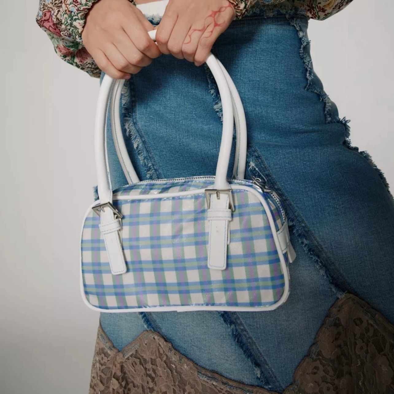 Kimhekim Kimchi Blue Hollis Plaid Baguette Bag Blue White Green Plaid, Women's