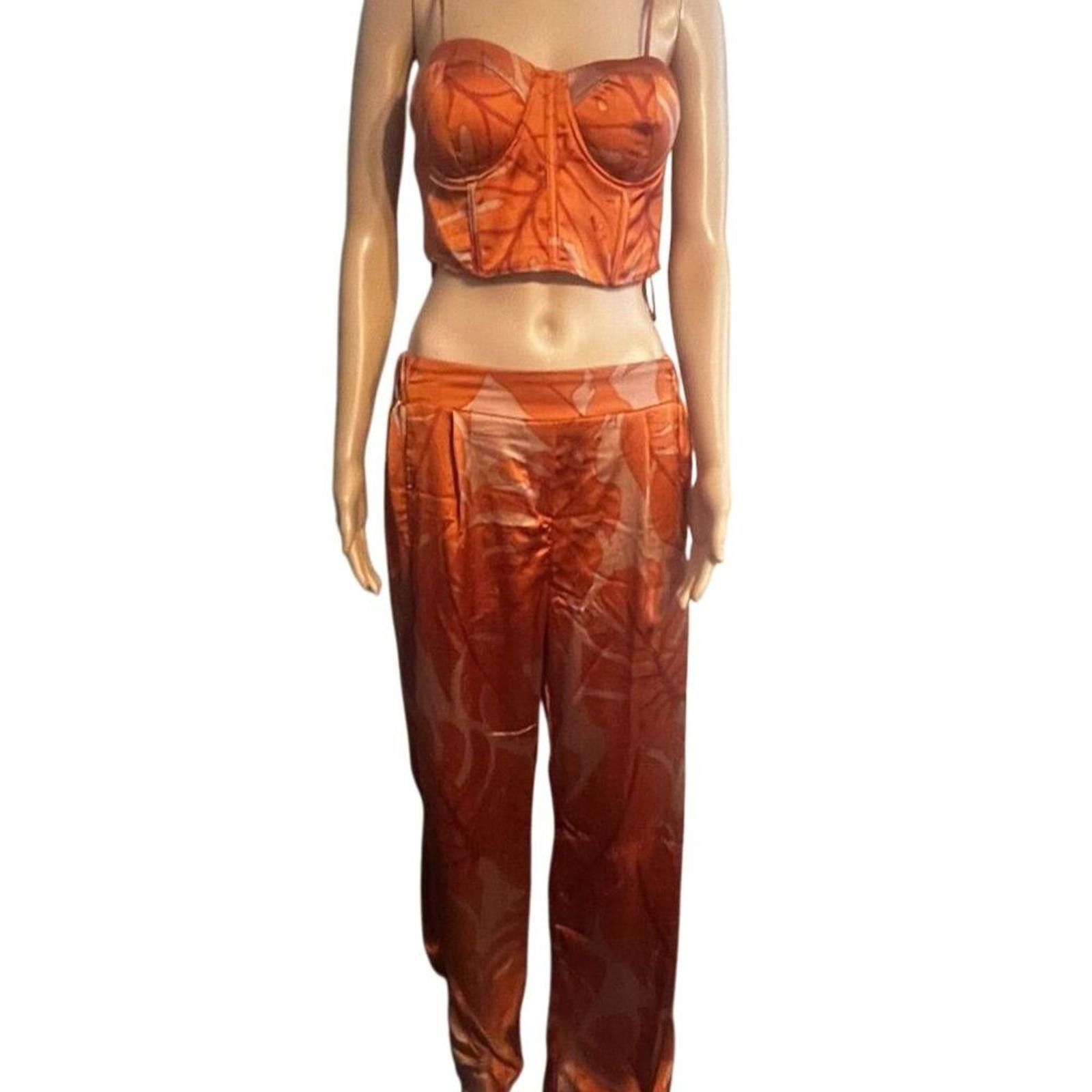 Other Rachel Zoe 2 Piece Orange Satin Corset Top Wide Leg Pants S Size 28" / US 6 / IT 42 - 2 Thumbnail