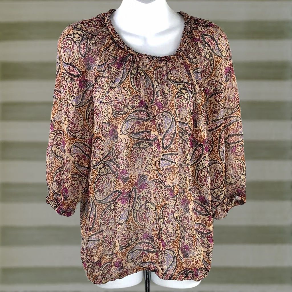 Faded Glory Faded Glory Chiffon Flowy Top Tan Red Multi Paisley Peasant LongSleeve Boho Size S / US 4 / IT 40 - 1 Thumbnail