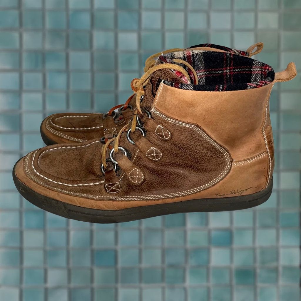 True Religion Mens Brown Leather Moc Toe Boots Lined Plaid  display picture 1