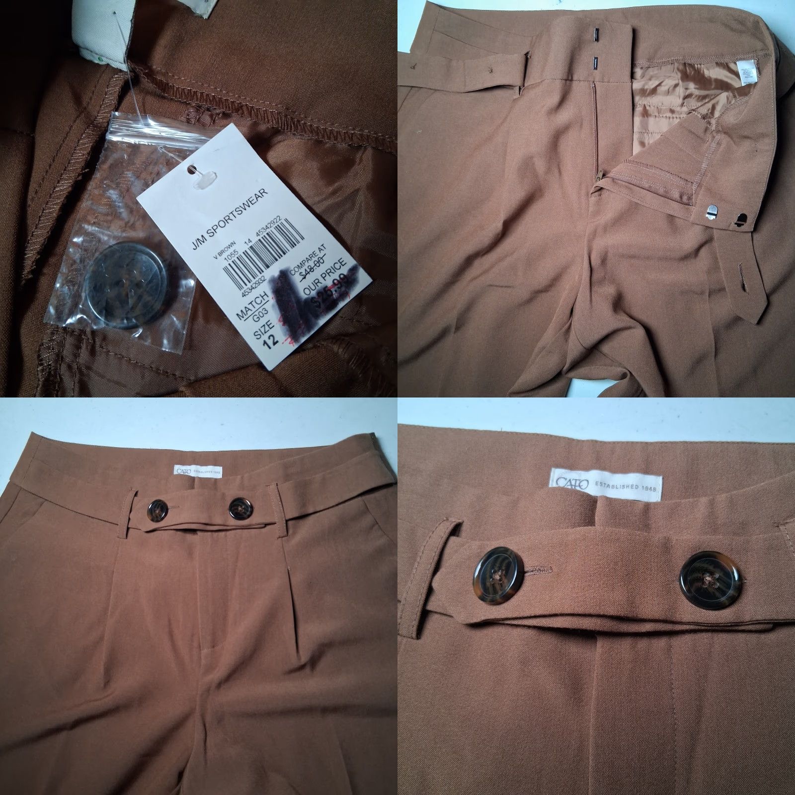 Vintage Cato Dress Pants Women Size 12 Brown Wide Leg Button Stretch Classic NEW Size 34" / US 12 / IT 48 - 8 Thumbnail