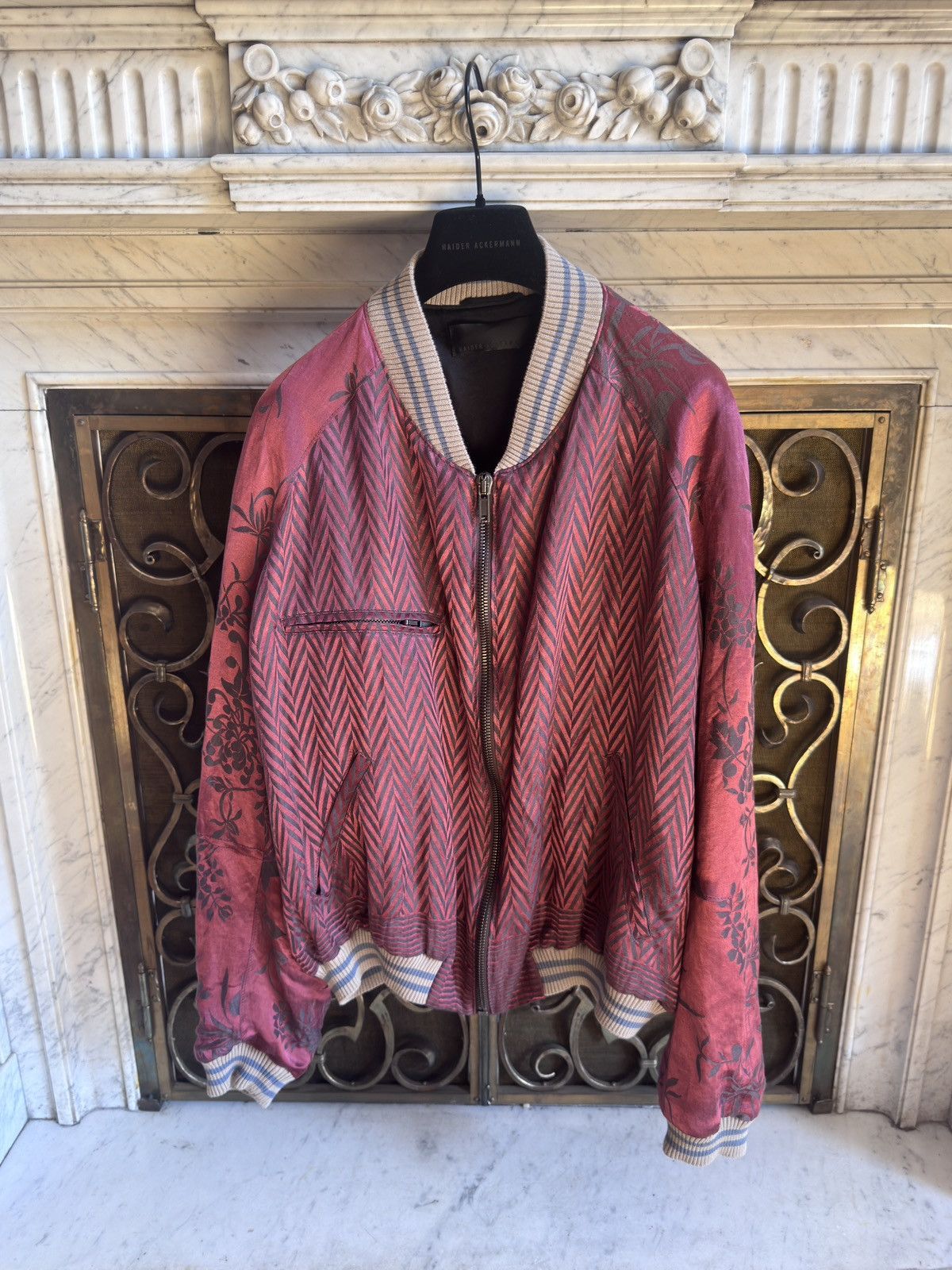 Haider Ackermann SS15 Iconic Bomber in Chevron & Floral Silk Jacquard Size US XXL / EU 58 / 5 - 1 Thumbnail