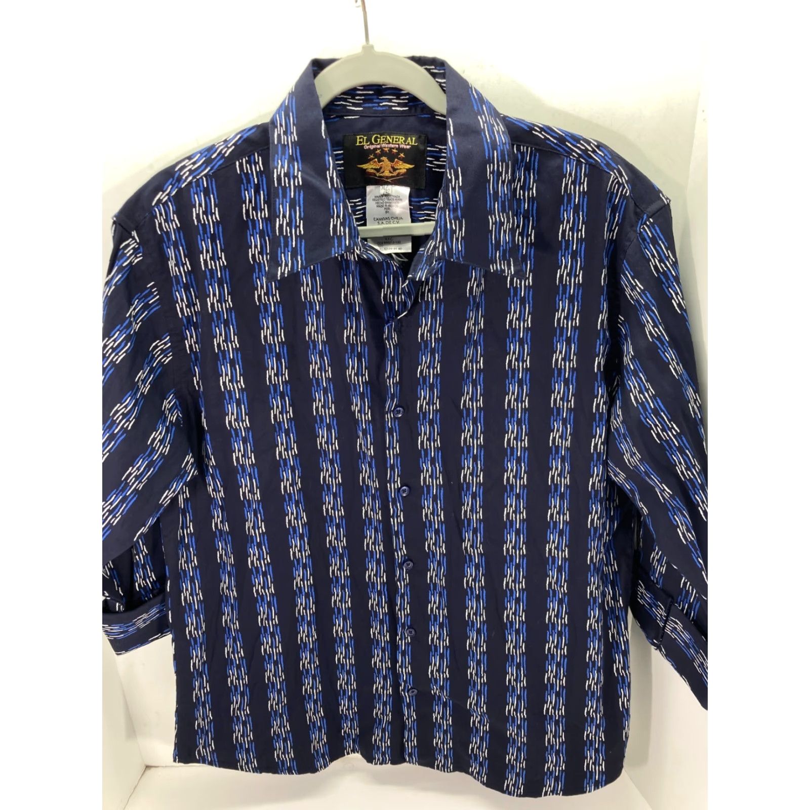 Vintage El General Western Button Up Shirt Mens XL Navy Linked Dash Stripe 3/4 Sleeve Shirt Mens XL Navy Linked Dash Stripe 3/4 Sleeve Size US XL / EU 56 / 4 - 2 Thumbnail