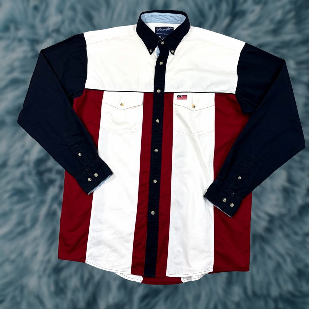 Wrangler Wrangler Western Shirt Mens Large Tall LT Red White Blue Colorblock Brushpopper Size US L / EU 52-54 / 3 - 1 Thumbnail