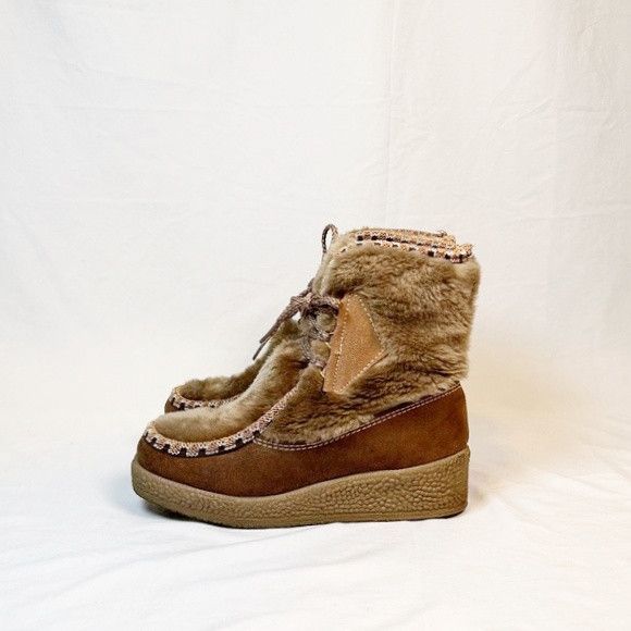 Other Vintage 70s Snow Land Brown Suede Faux Fur Wedge Ankle Boots Size US 8 / IT 38 - 4 Thumbnail