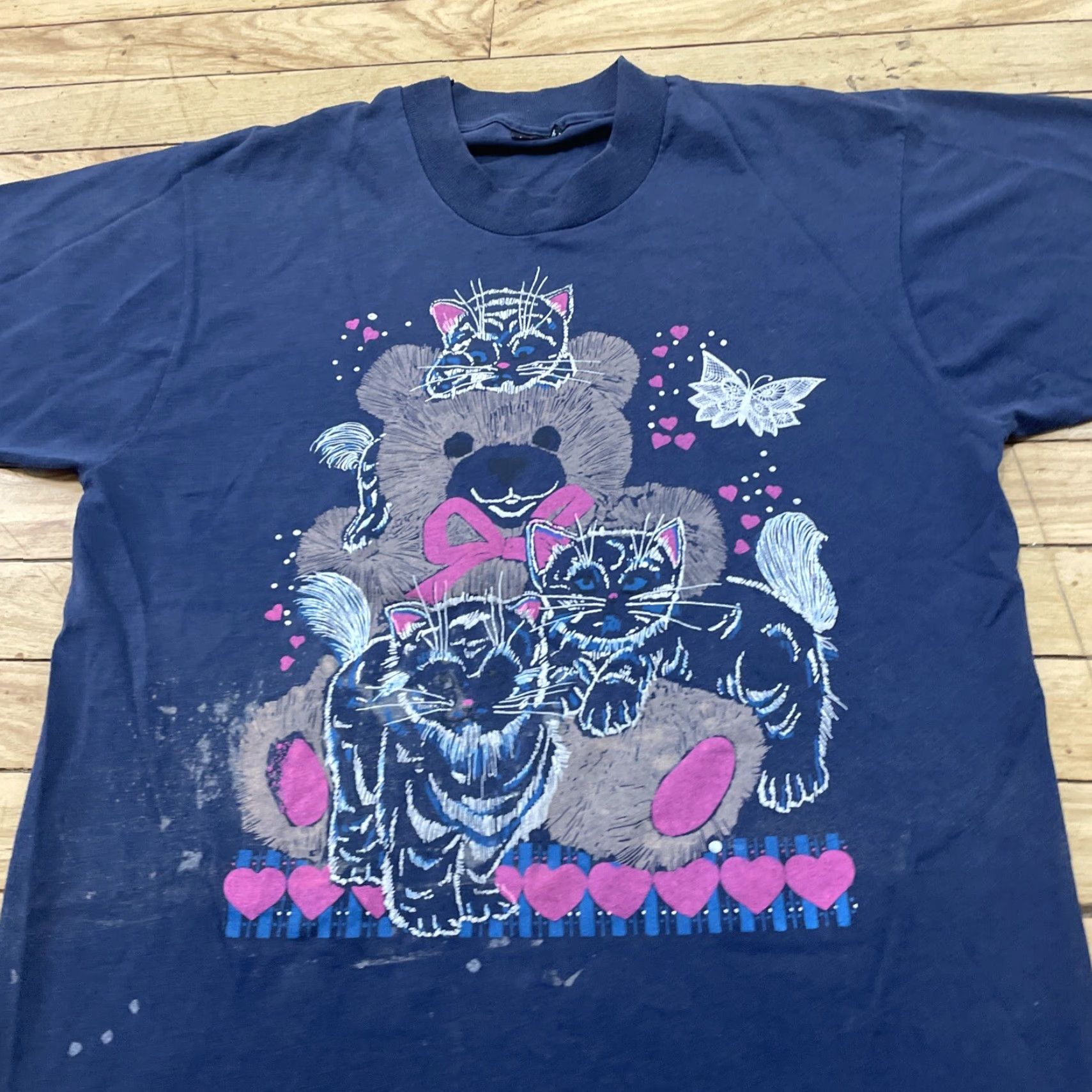 Vintage VINTAGE CATS Hearts Print Y2k Shirt Adult L Slim Blue Pink Grunge Paint Tee (L fits M) Size US L / EU 52-54 / 3 - 5 Thumbnail
