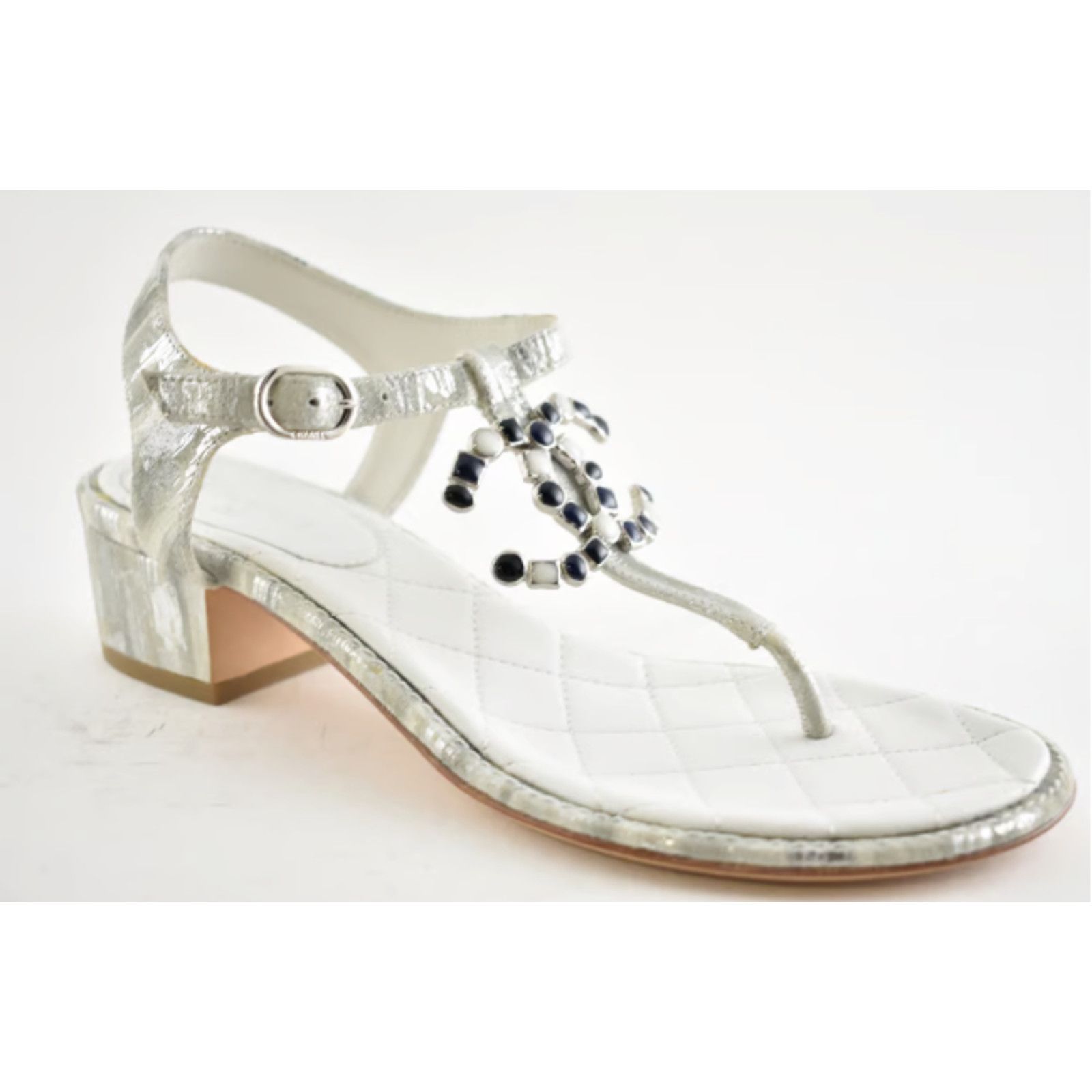 Chanel Chanel 20P White Silver CC Logo Mule Strap Thong Sandal Size US 6.5 / IT 36.5 - 9 Thumbnail
