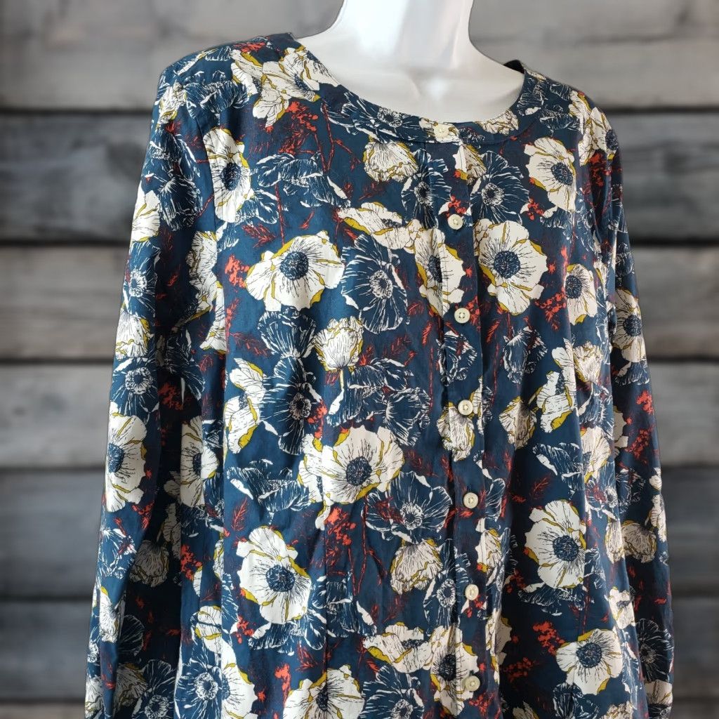 Vintage Duluth Womens Wrinklefighter Tunic Large Blue White Floral Button Front Shirt Size L / US 10 / IT 46 - 1 Thumbnail