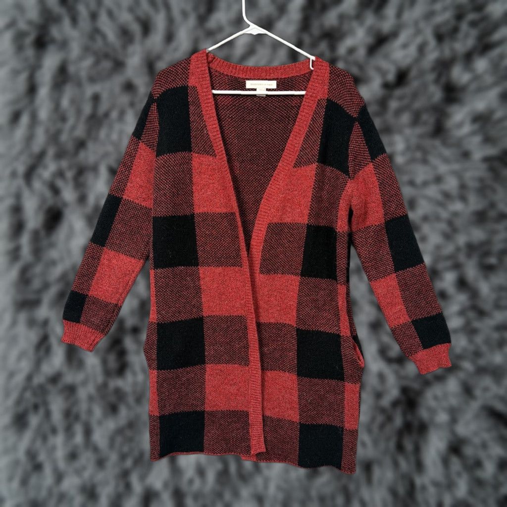 Vintage Monteau Cardigan Sweater Womens M Red Black Buffalo Plaid Open Front Cabincore NYC? Size M / US 6-8 / IT 42-44 - 1 Thumbnail