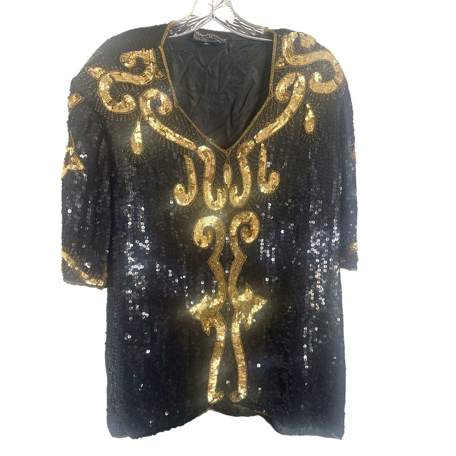 Vintage Vintage Royal Feelings Sequin Top Gold Black 4X 100% Silk Sh Size 4XL / US 24-26 - 2 Thumbnail