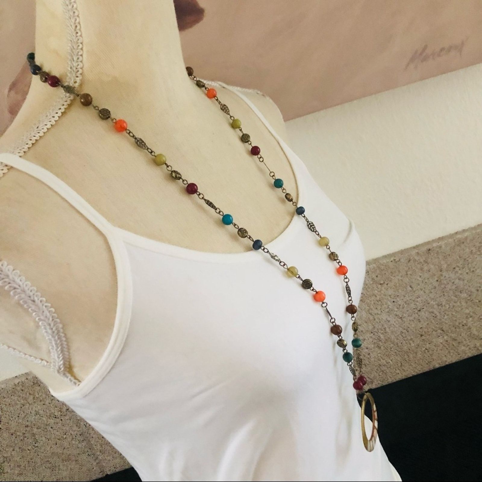 Jewelry Natural inlaid shell medallion colorful marble brass neckla Size ONE SIZE - 2 Thumbnail