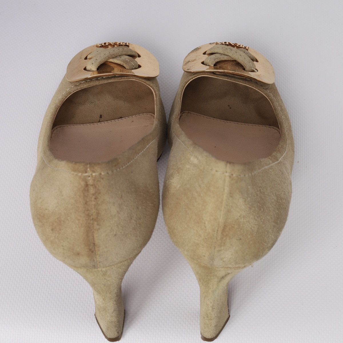 Prada Prada Beige Suede Peep-toe Pumps gold-tone Buckle Block Heel Size US 6.5 / IT 36.5 - 15 Thumbnail
