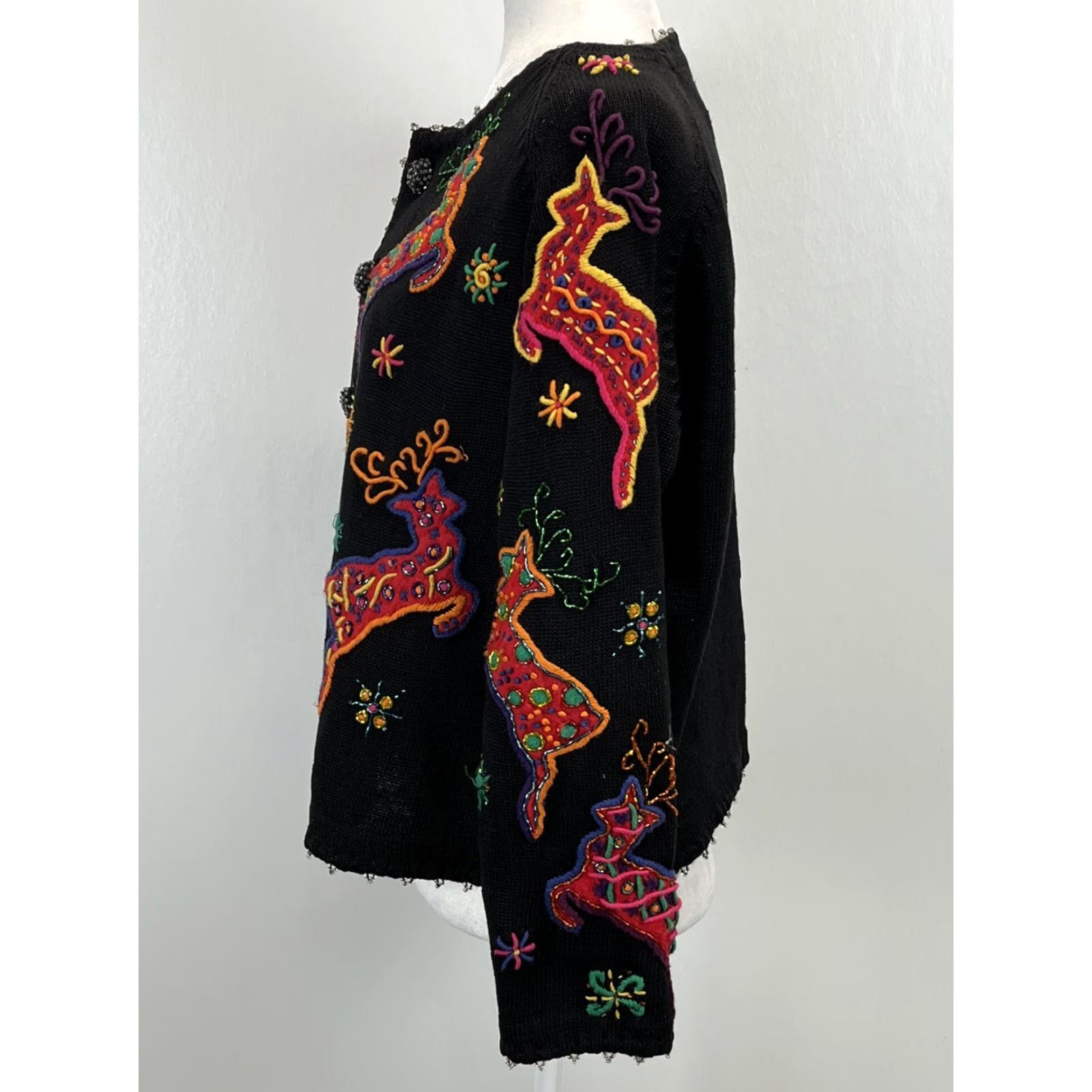 Simons VINTAGE Michael Simon Christmas Reindeer Cardigan Sweater Sz 1 Womens Black Knit Beaded Size XS / US 0-2 / IT 36-38 - 2 Thumbnail