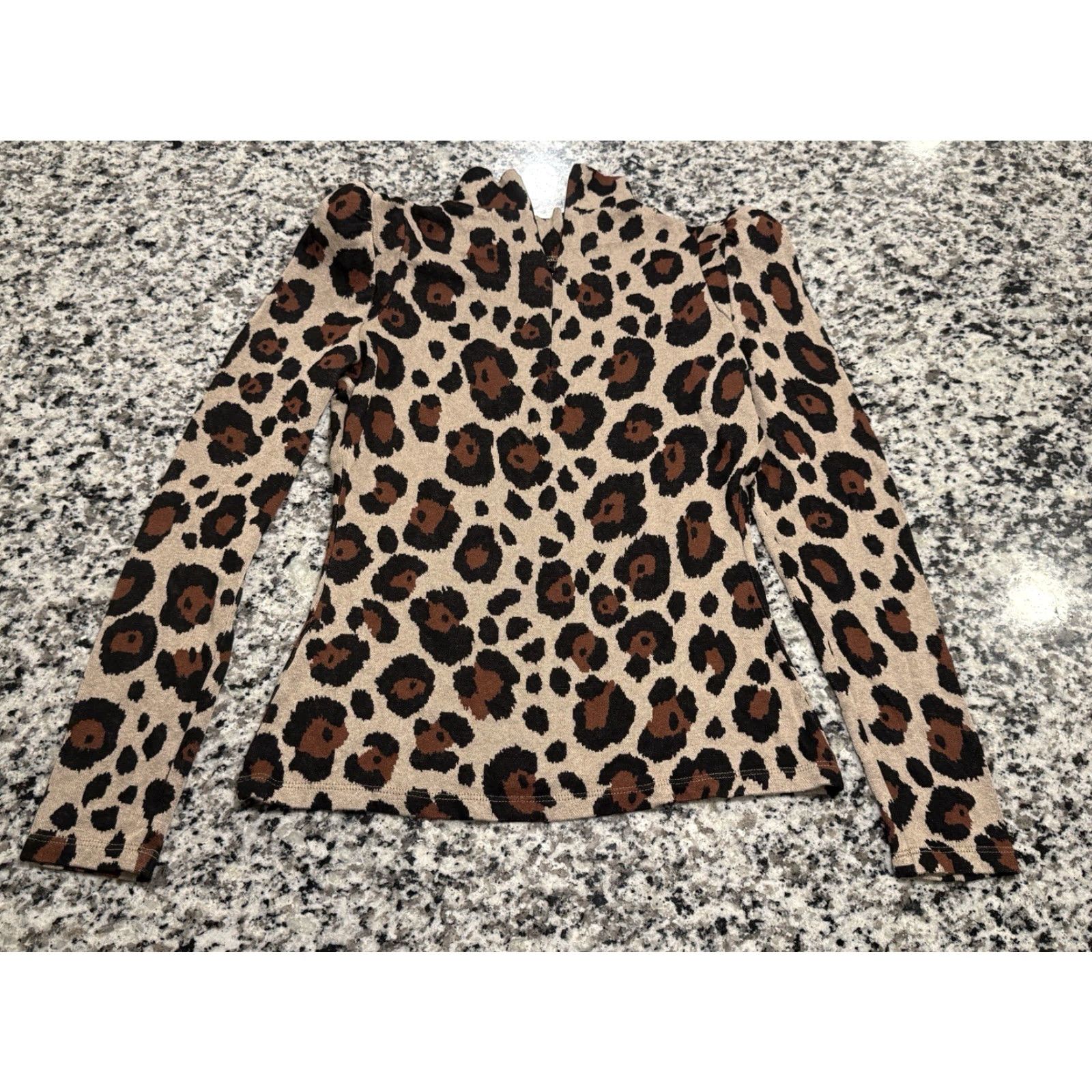 SMYTHE Smythe Blouse Shirt Animal Print Pouf Shoulder Mock Neck Puff Sleeve Small M Tan Brown Black Womens Regular Included Size M / US 6-8 / IT 42-44 - 5 Thumbnail