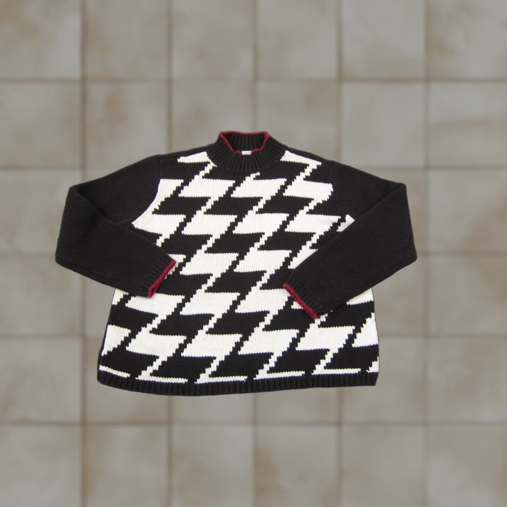 Vintage Emma James Sweater Womens XL Black White Houndstooth Zig Zag Geometric Knit Pullover Mock Neck Long Sleeve Casual 80s 90s Vintage: No Size XL / US 12-14 / IT 48-50 - 1 Thumbnail