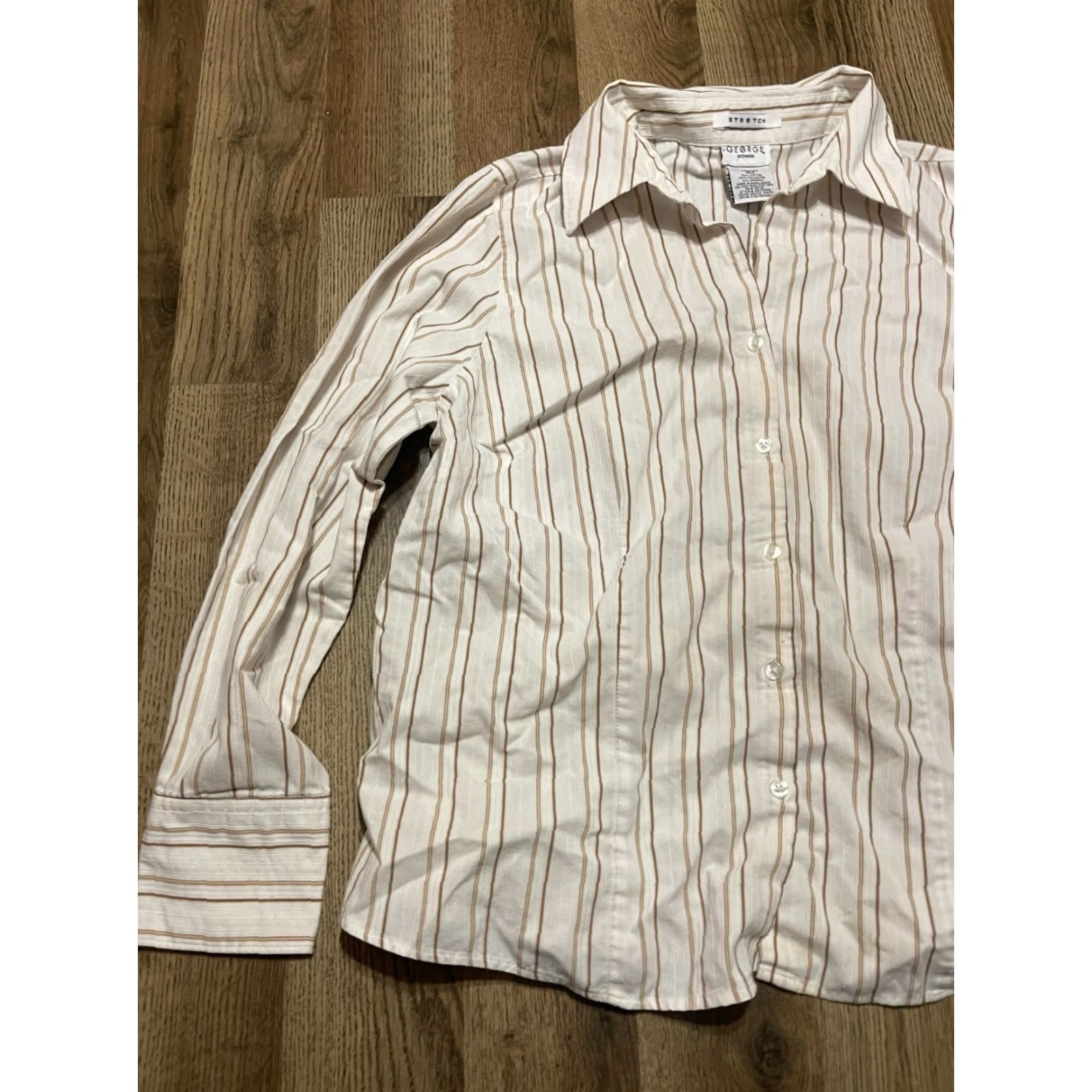 George George Shirt Women 16W White Brown Striped Button Up Stretch Casual Modern Long Sleeve Collared Size XXL / US 16-18 / IT 52-54 - 3 Thumbnail