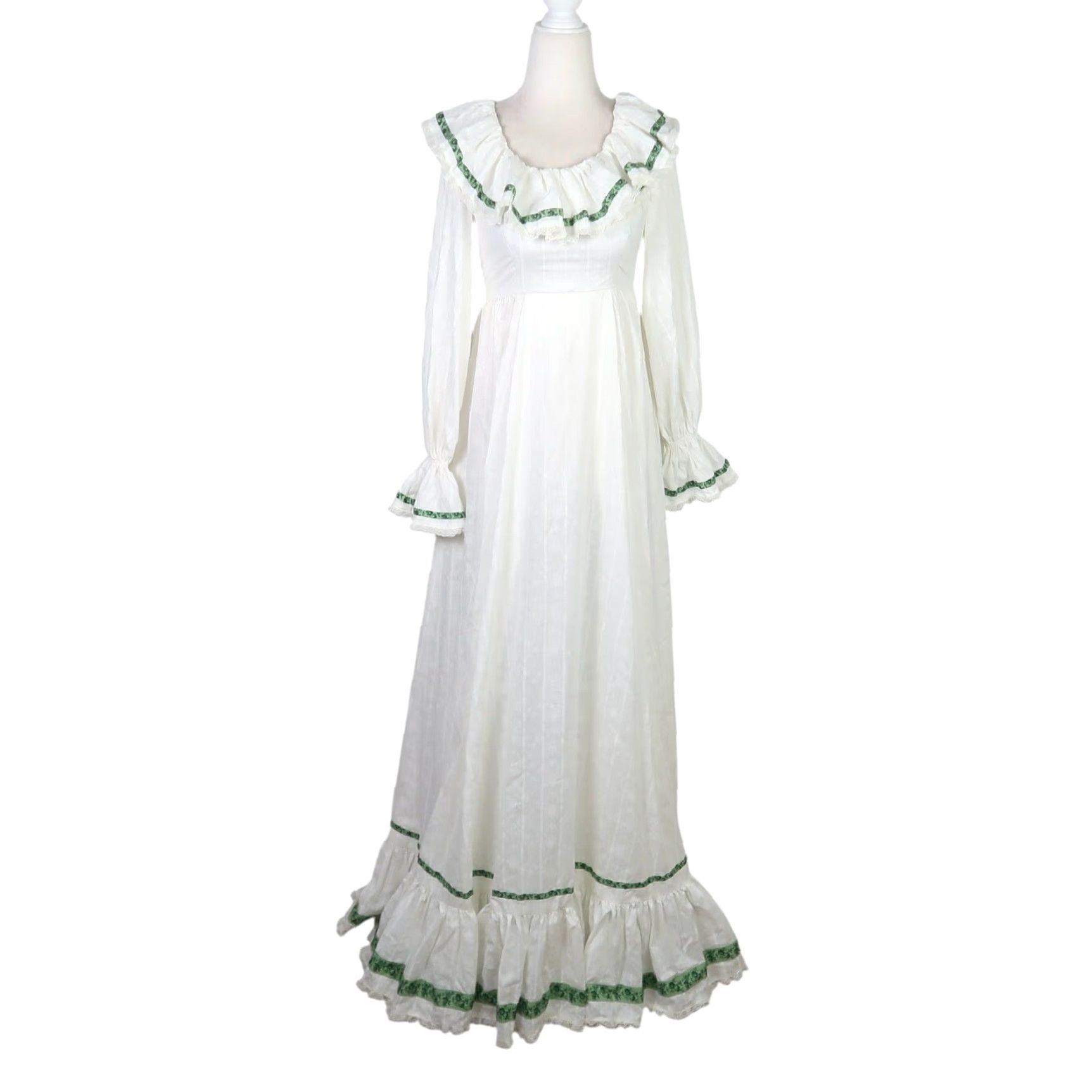 Vintage VINTAGE 70s White Floral Maxi Dress XS Women Long Sleeve Bohemian Prairie Frilly Collar Flounce Belt Formal Party/Cocktail Dress Size XS / US 0-2 / IT 36-38 - 5 Thumbnail