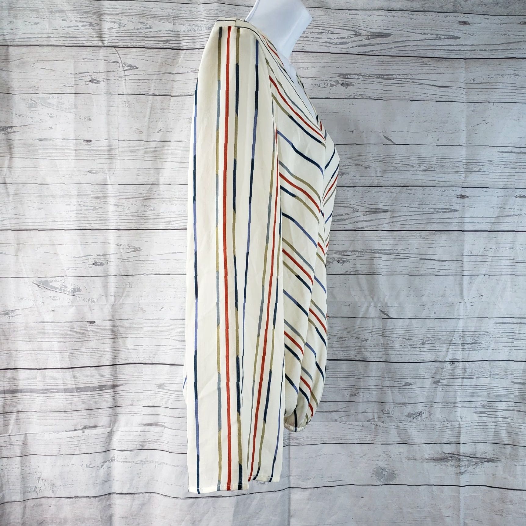 Vintage Sunday in Brooklyn Womens Blouse Sz Medium Cream Blue Striped Long Sleeve V-Neck Size M / US 6-8 / IT 42-44 - 4 Thumbnail