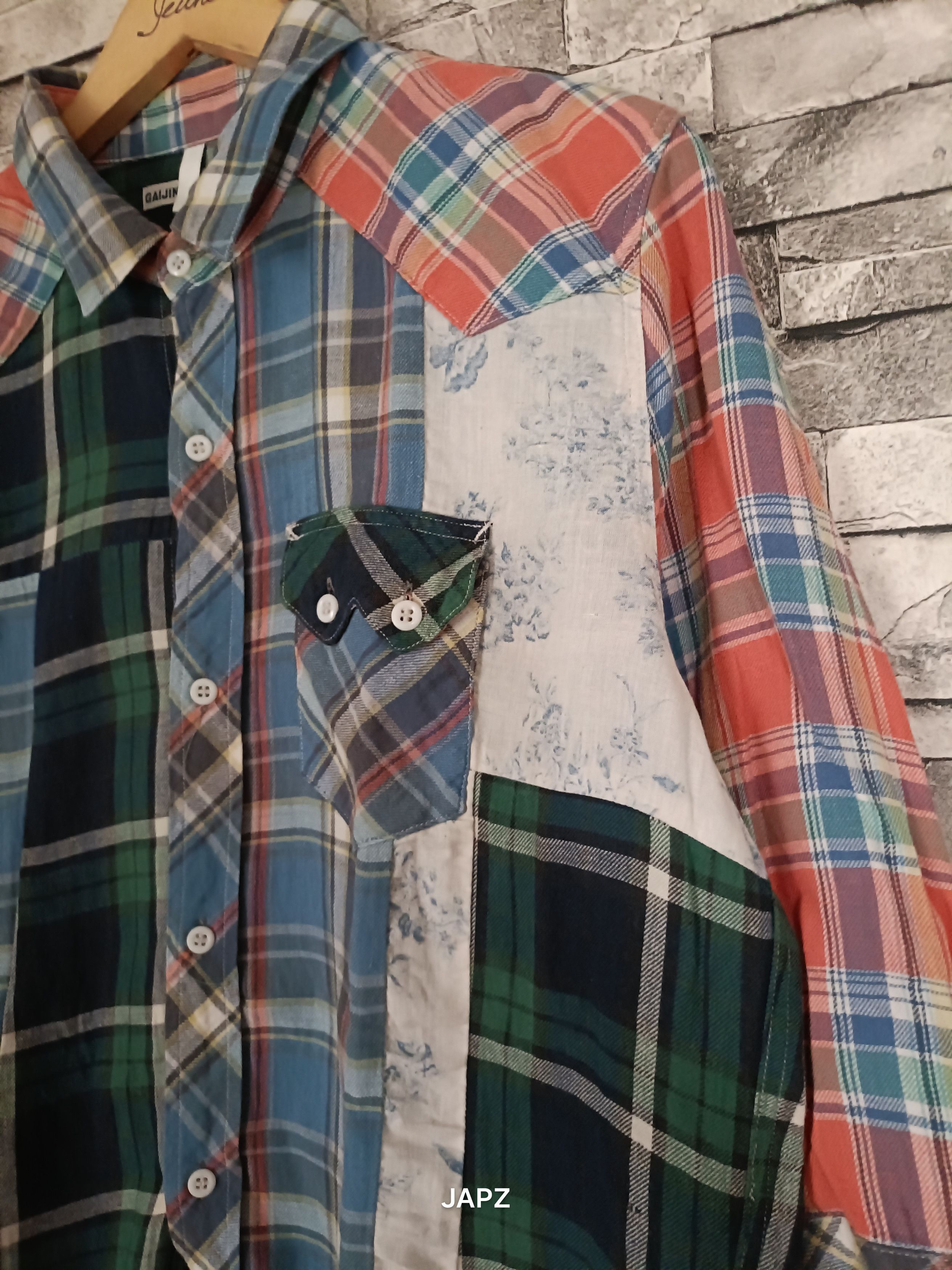 Japanese Brand Vintage Gaijin Made patchwork shirt Size US L / EU 52-54 / 3 - 3 Thumbnail