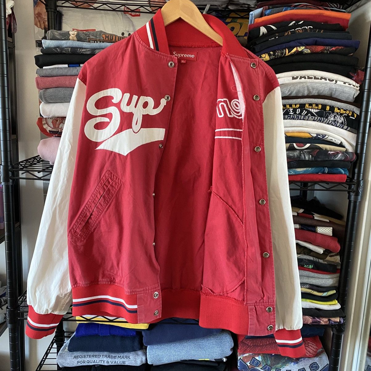 Supreme Vintage Supreme Varsity Script Jacket Red White 2004 Size US XL / EU 56 / 4 - 4 Thumbnail