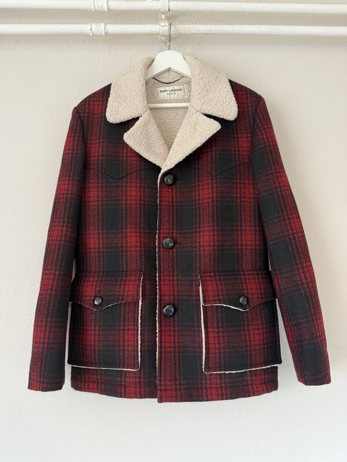 Hedi Slimane × Saint Laurent Paris FW16 Wool Red Plaid Sherpa Wrancher Coat Size US S / EU 44-46 / 1 - 1 Thumbnail